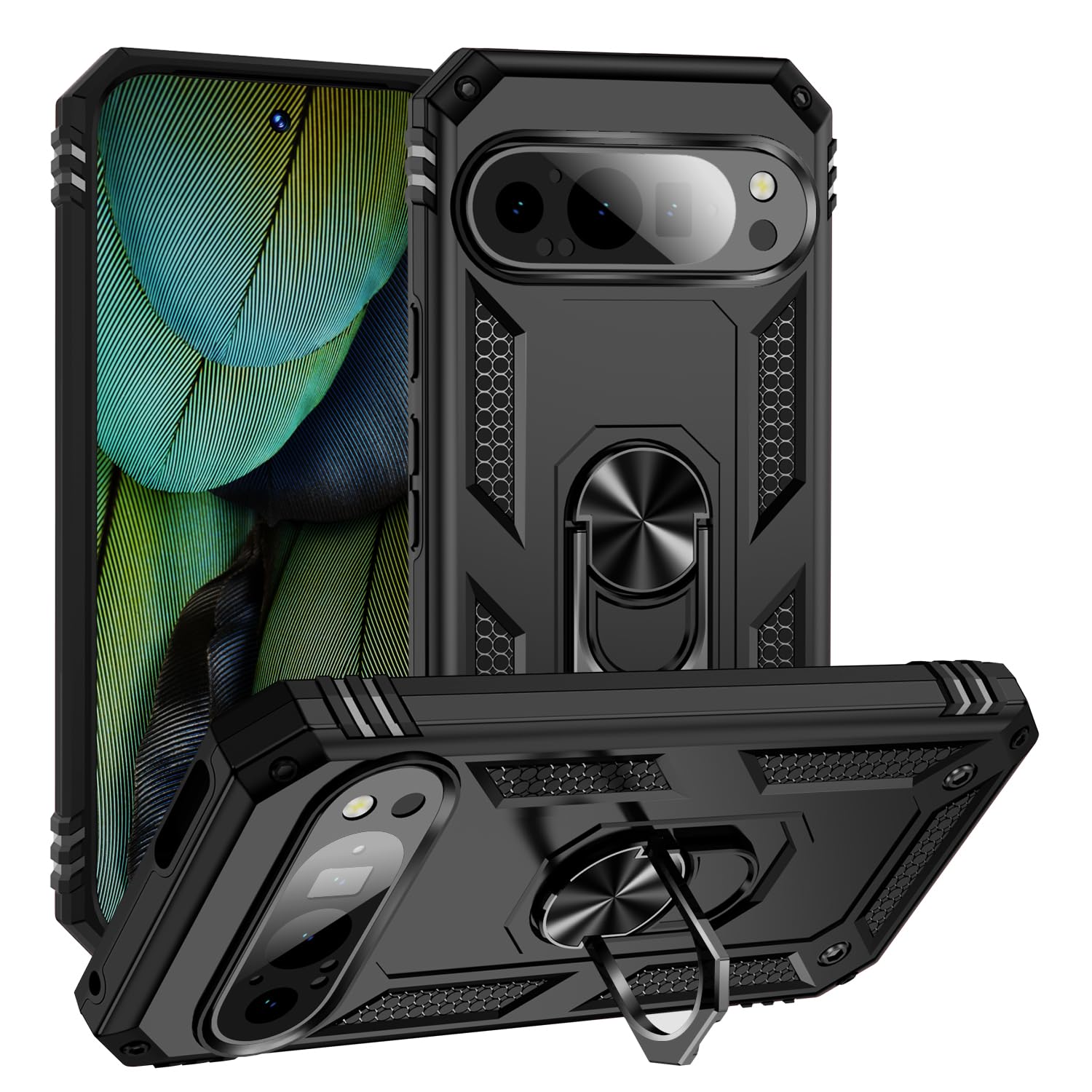 Korecase for Google Pixel 9 Pro XL Case with Finger Ring Holder Kickstand,Military Grade Phone Case Heavy Duty Shockproof Full Body Protective Cover
