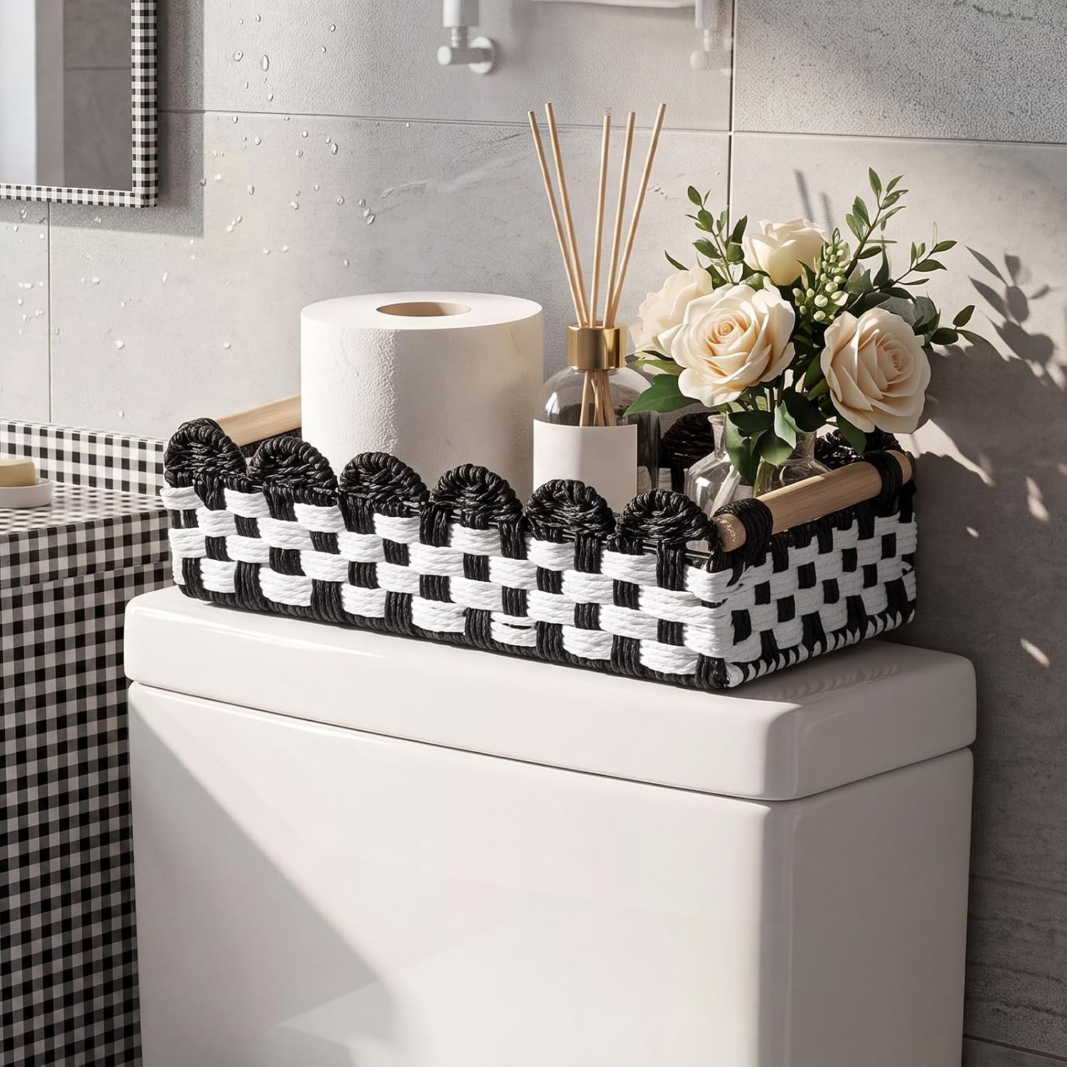 Black and White Checkered Bathroom Decor Basket Woven Paper Storage Basket with Handles Drawer Dresser Baskets Scalloped Wicker Tank Back of Toilet Organizer Bin for Shelves Countertops
