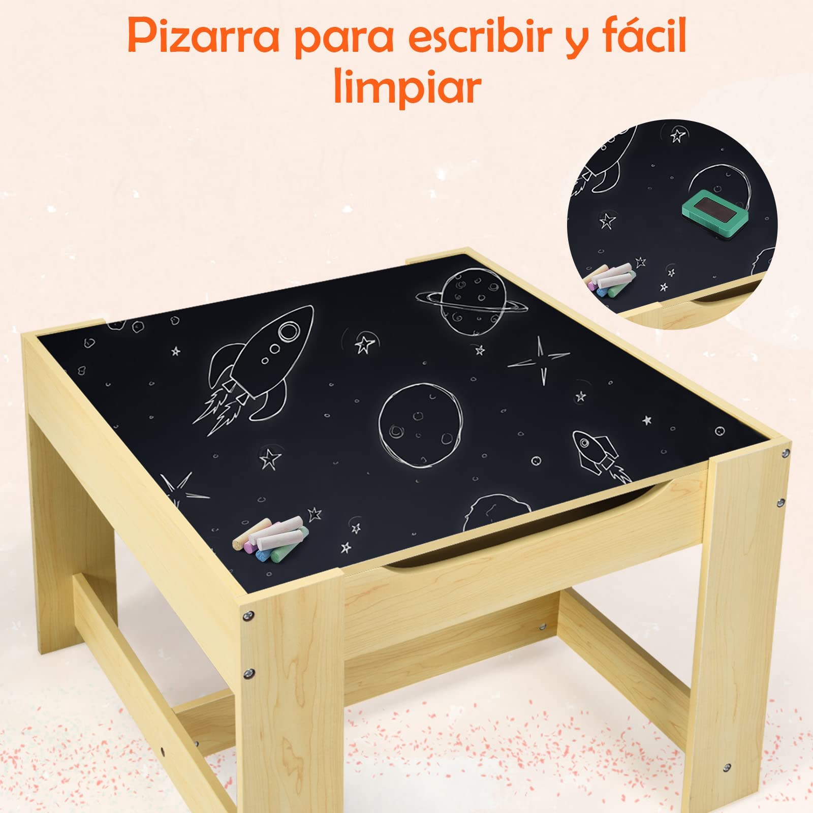 GOPLUS Juego de Mesa y 2 Sillas Infantil 3 en 1, Grupo de Asientos y Escritorio con Pizarra para Niños, Mueble Infantil con Cajon de Almacenamiento Que Ahorra Espacio, Madera, Naranja (Naranja)