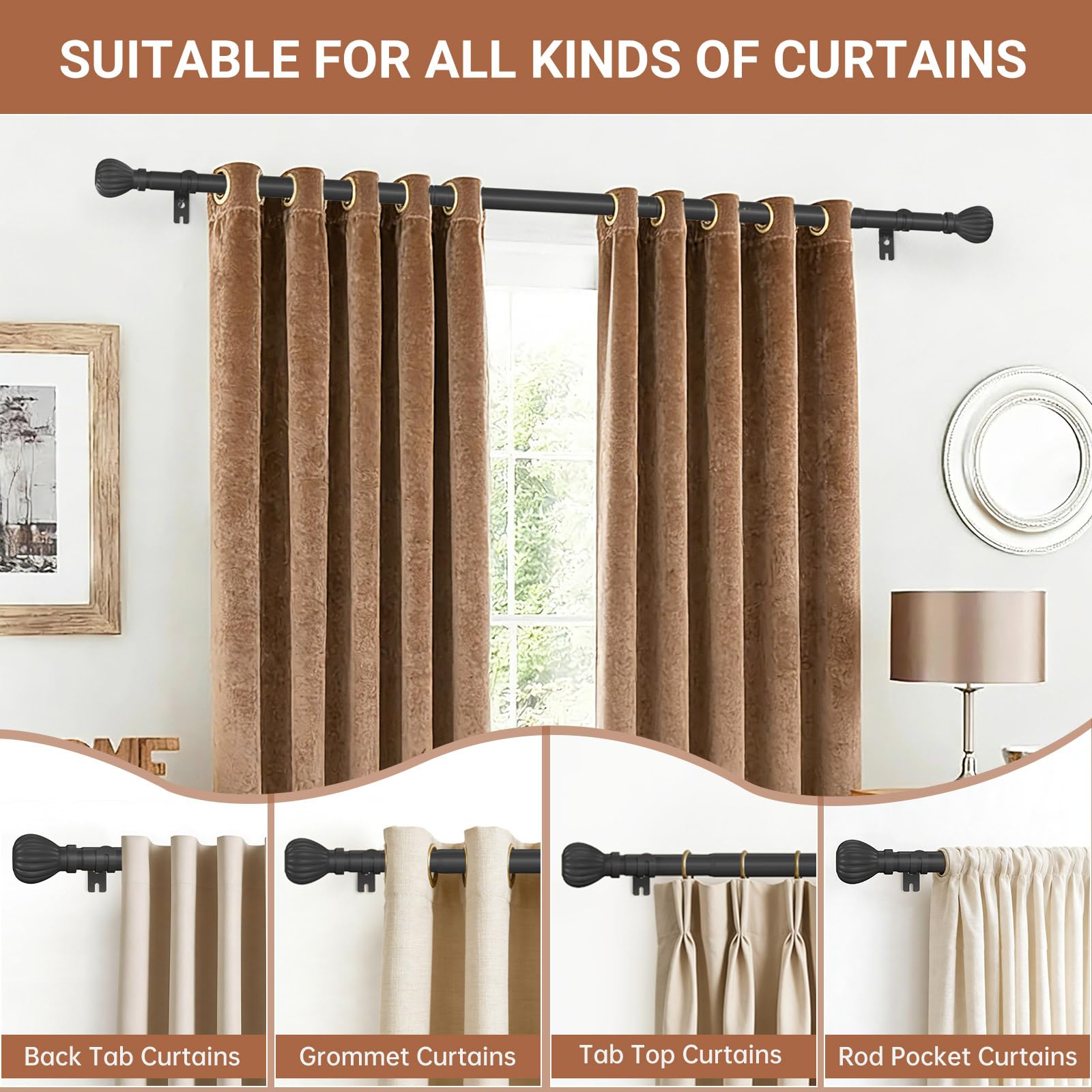 Metal Curtain Rods - 46-96 Inch, Heavy Duty -3