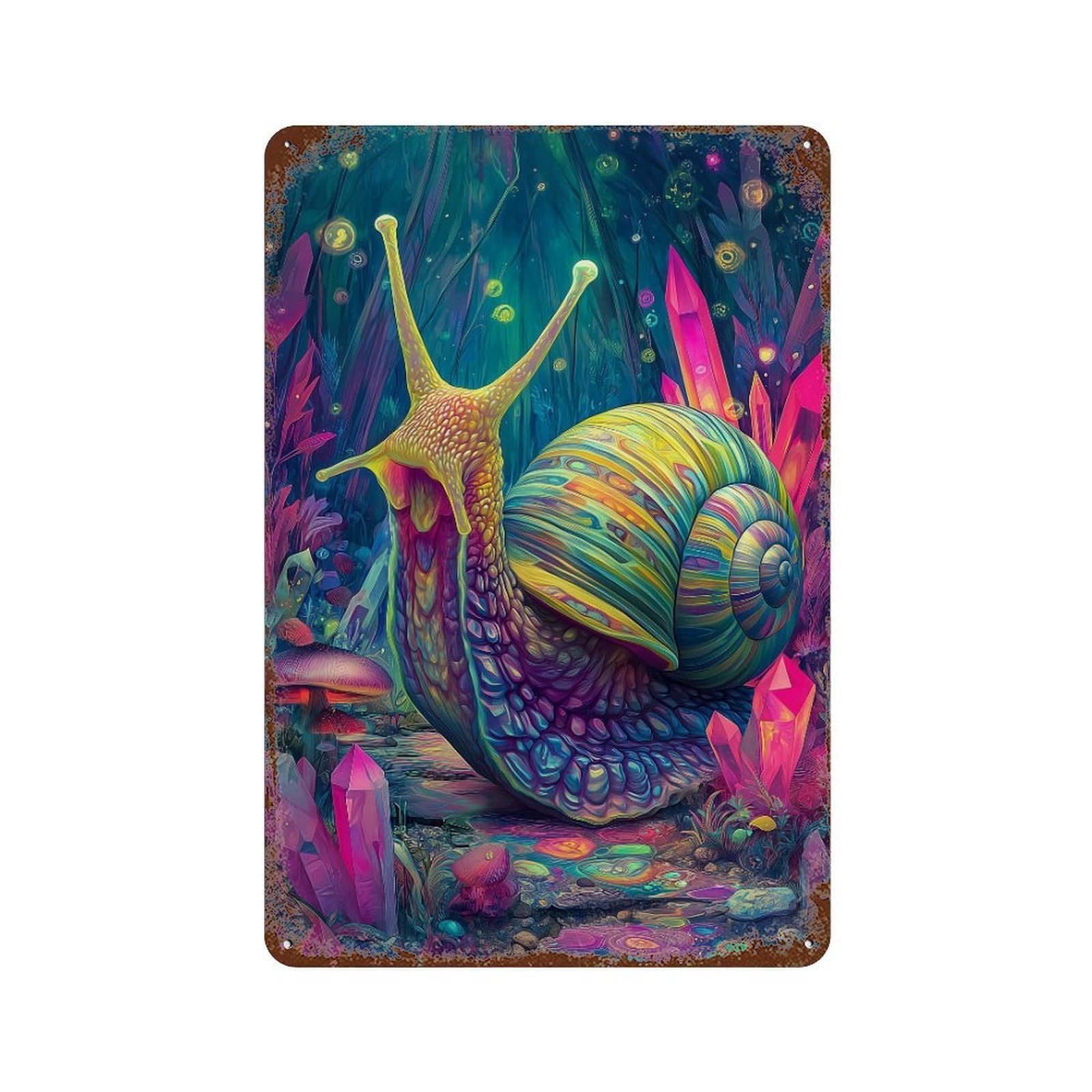 Fantasy Snail in Crystal Forest Weathered Tin Sign 11.8"x7.9", Rustic Home Decor for Garage, Bar And Workshop Decor