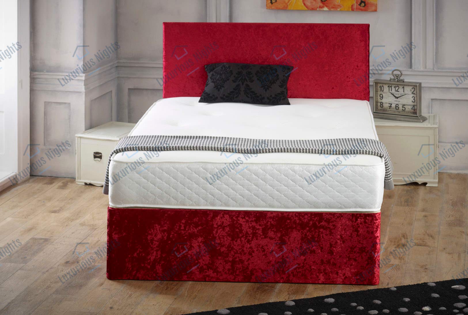 Luxurious Nights Crushed Velvet Divan Bed Set With Memory Sprung Mattress and Free 20" Headboard (3FT Single 0 Drawer, Red)