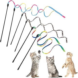 Cobee 6 Packs Cat Wand Toy Set, 30cm Cat Interactive Wand with 60cm Rainbow Ribbon String+ Rainbow Cloth String + Leopard Print Cloth String for Pet Kitten Training Exerciser Kitten Catcher(6 Pcs)