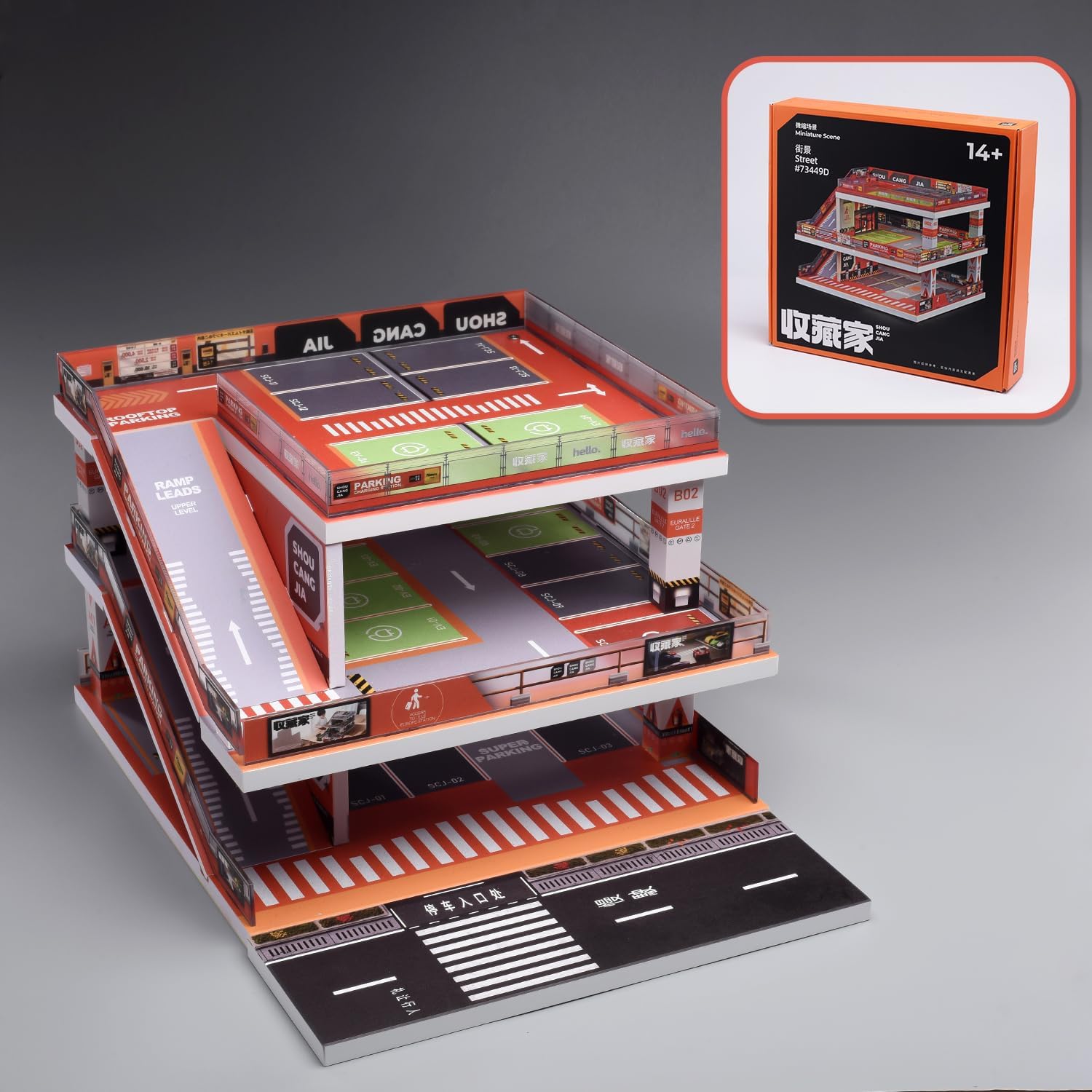 Fremego 1/64 Scale Garage Diorama with LED Lights, Simulation Ramp Scene Parking Lot Model for Diecast Cars Display Case for Collection Gift