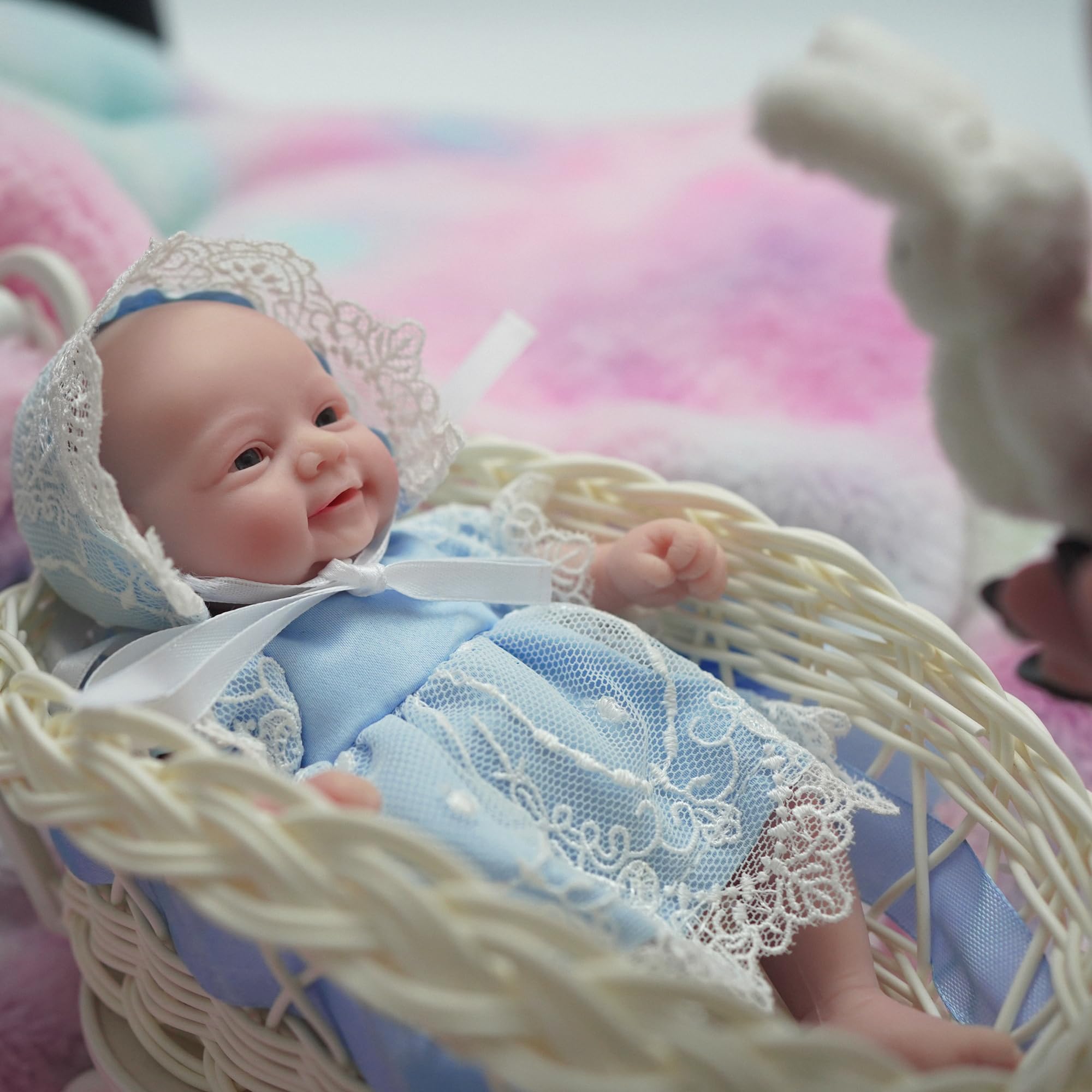 MYREBABY 7" Mini Reborn Baby Doll Silicone Full Body Realistic Newborn Doll Lifelike Eyes Open Baby Girl The Look Real Baby Doll Blue Clothes with Gift Box for Kids Birthday Gift