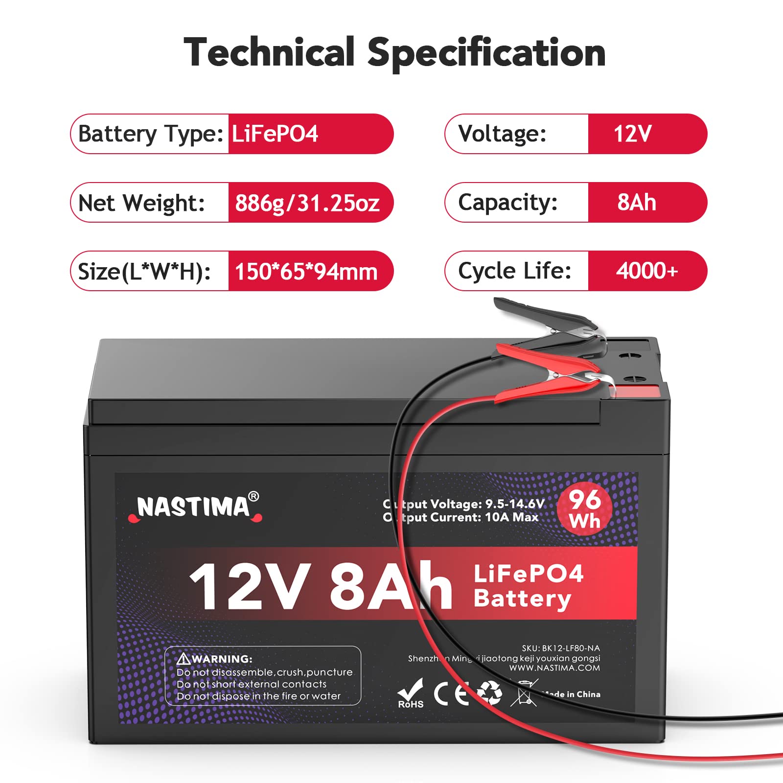 NASTIMA Batteria Ricaricabile 12V 8Ah LiFePO4 con Protezione BMS e Ciclo Profondo 4000, Adatta per Kit di Pannelli Solari, Passeggini, Camper, Barche, Campeggio, Ecoscandagli