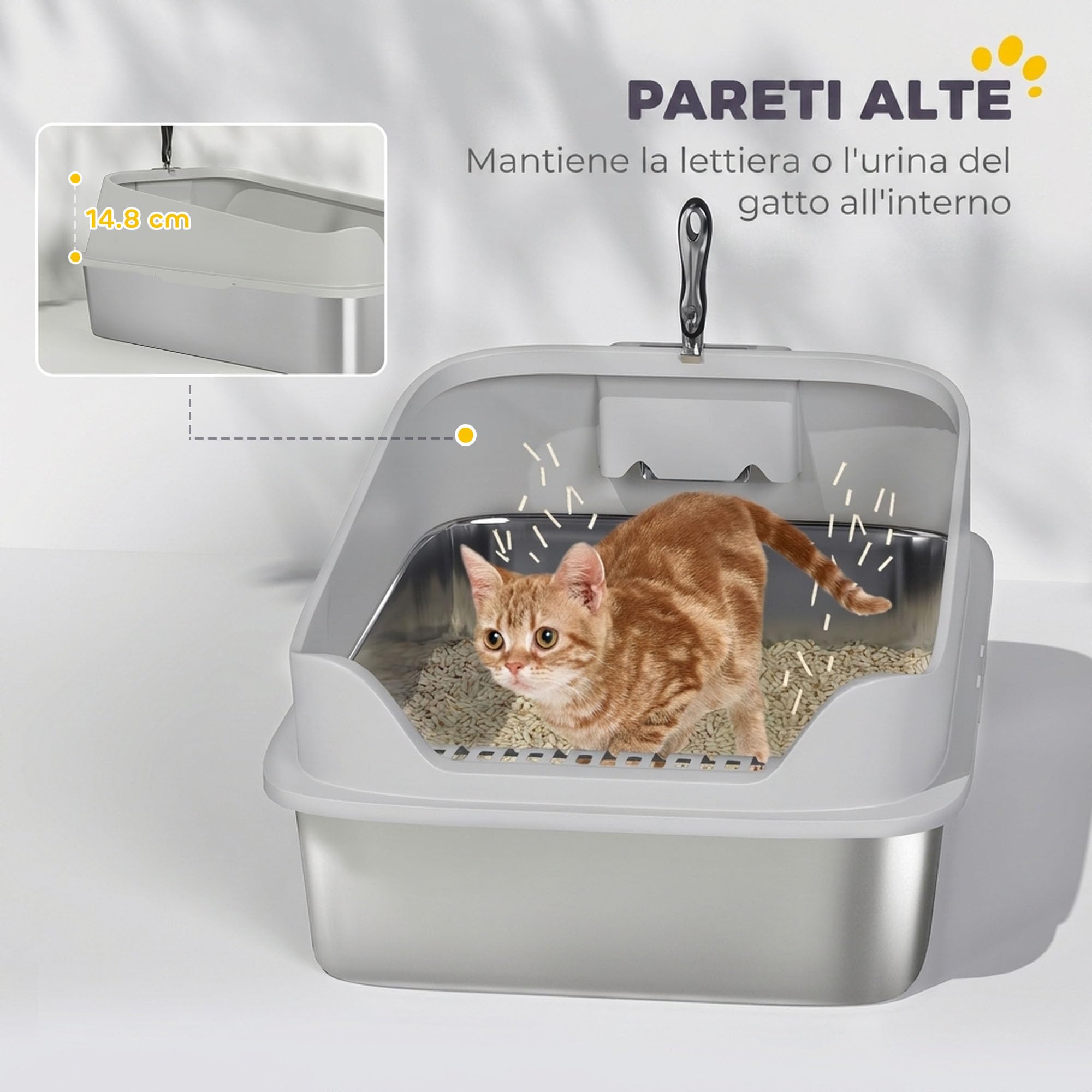 PawHut Lettiera per Gatti XXL in Acciaio Inox, Fino a 12 kg, Grigio