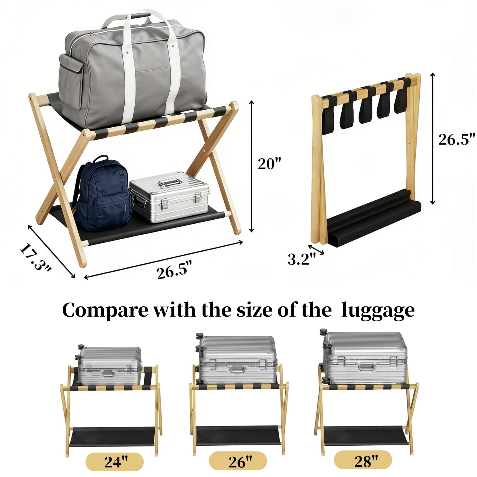 Portaequipajes de madera, soporte plegable de bambú natural con estante de almacenamiento para habitación de invitados, dormitorio, sala de estar de hotel, 5 correas de nailon, resistente, se