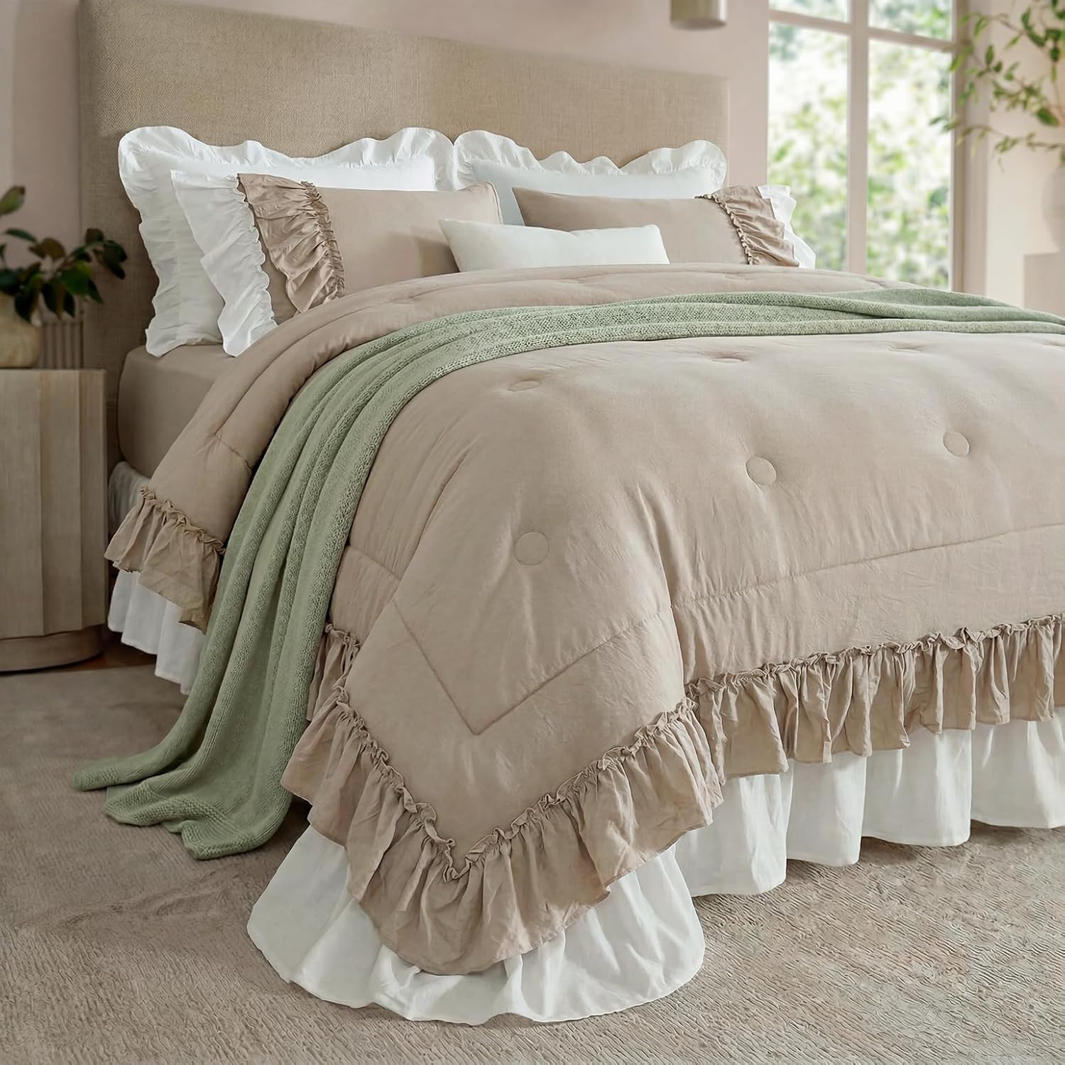 Bedding_Dreamer Taupe and White Two-Tone Ruffle Comforter Set Queen, 3 Pieces Shabby Chic Farmhouse Bedding, Soft Microfiber Comforter with Matching Shams, All Season