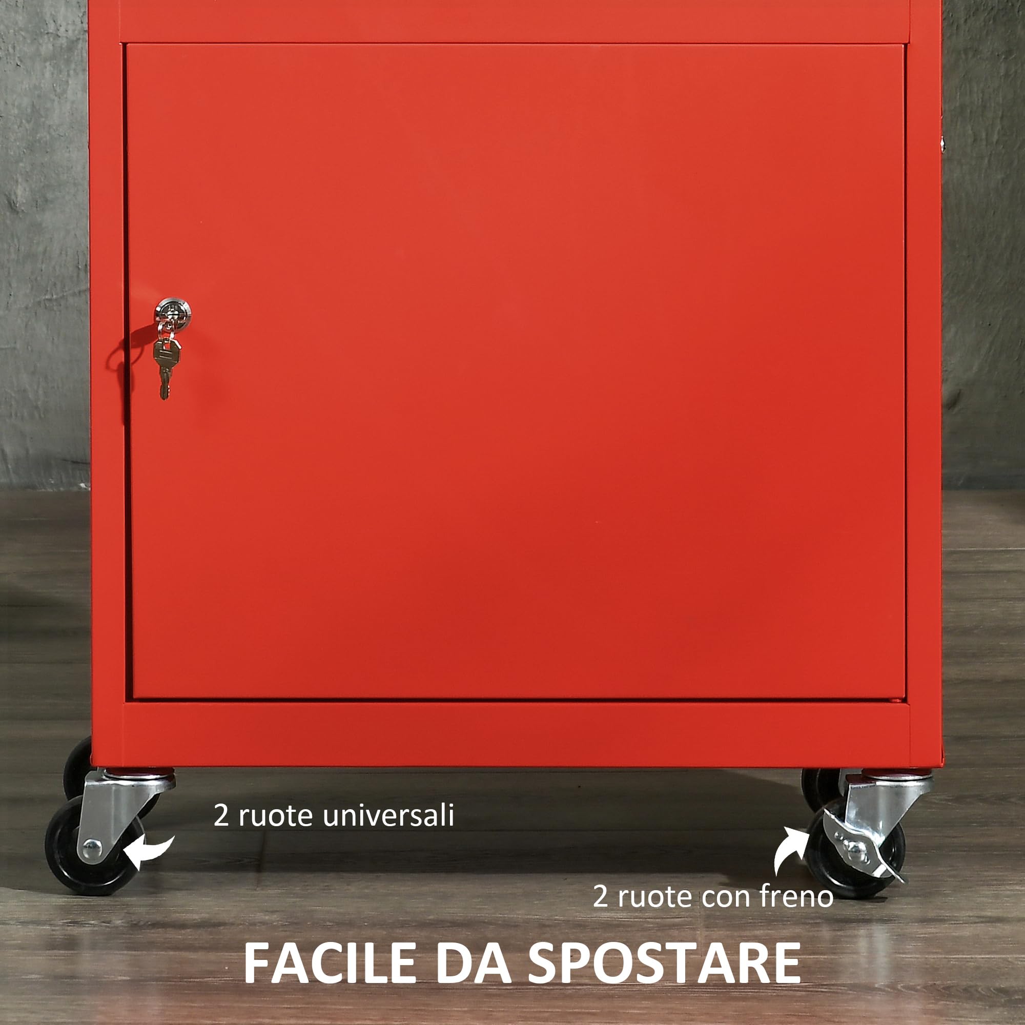 DURHAND Carrello Porta Attrezzi 2 in 1 Armadietto con Chiave Acciaio Rosso | Cassetta Portautensili Rimovibile, 4 Cassetti Totali