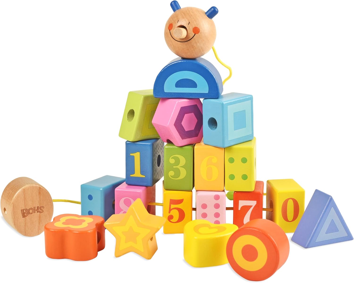 BOHS Caterpillar Lacing Blocks - Threading & Stacking - Toddler Learn Counting, Numbers and Shapes- Baby Kids Fine Motor Skills Toys