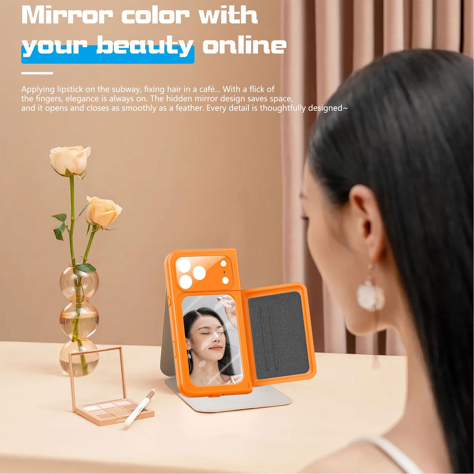 Custodia per Smartphone Impermeabile IP68 con Protezione Completa a 360°, Cover per Telefono Completamente Sigillata con Specchio Porta Carte, Design Antiurto Antigoccia per Uso (ORANGE)