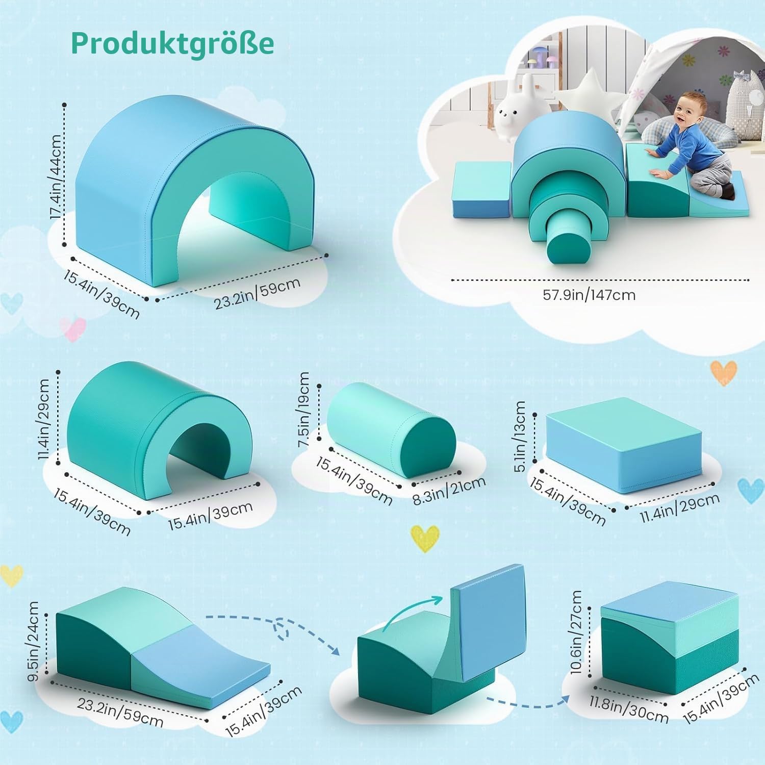 5-teiliges weiches Baby-Krabbelset mit Tunnel und Rutsche, Motorikspielzeug ab 1 Jahr, bunte Bausteine (Schnecken-Design) aus hochdichtem Schaumstoff, sicher und leicht, fördert Kreativität & Bewegung