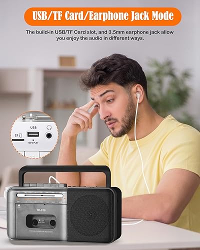 Miniatura 9 de Reproductor de cinta de casete Boombox con Bluetooth, grabadora de casete de radio AM FM SW portátil, altavoz de 8 W y conector para auriculares