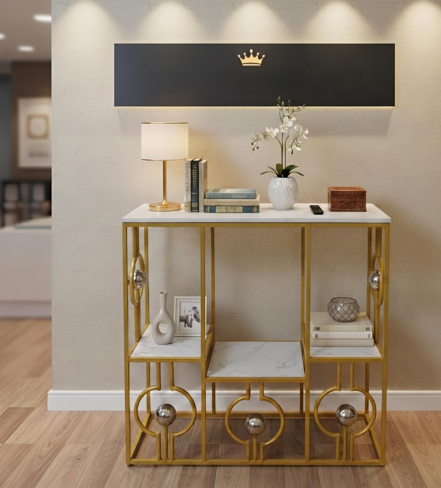 ARTROCK Modern Entryway Console Table, Narrow Sofa Table, Wooden Top Accent Table, Luxury Hallway Table, Metal Frame Console Table for Living Room, Foyer, Entryway and Home Decor (White Gold)-image-17