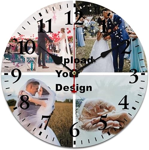 Reloj de pared de madera personalizado de 16 pulgadas, silencioso, sin tictac, imágenes personalizadas, reloj colgante conmemorativo para boda,
