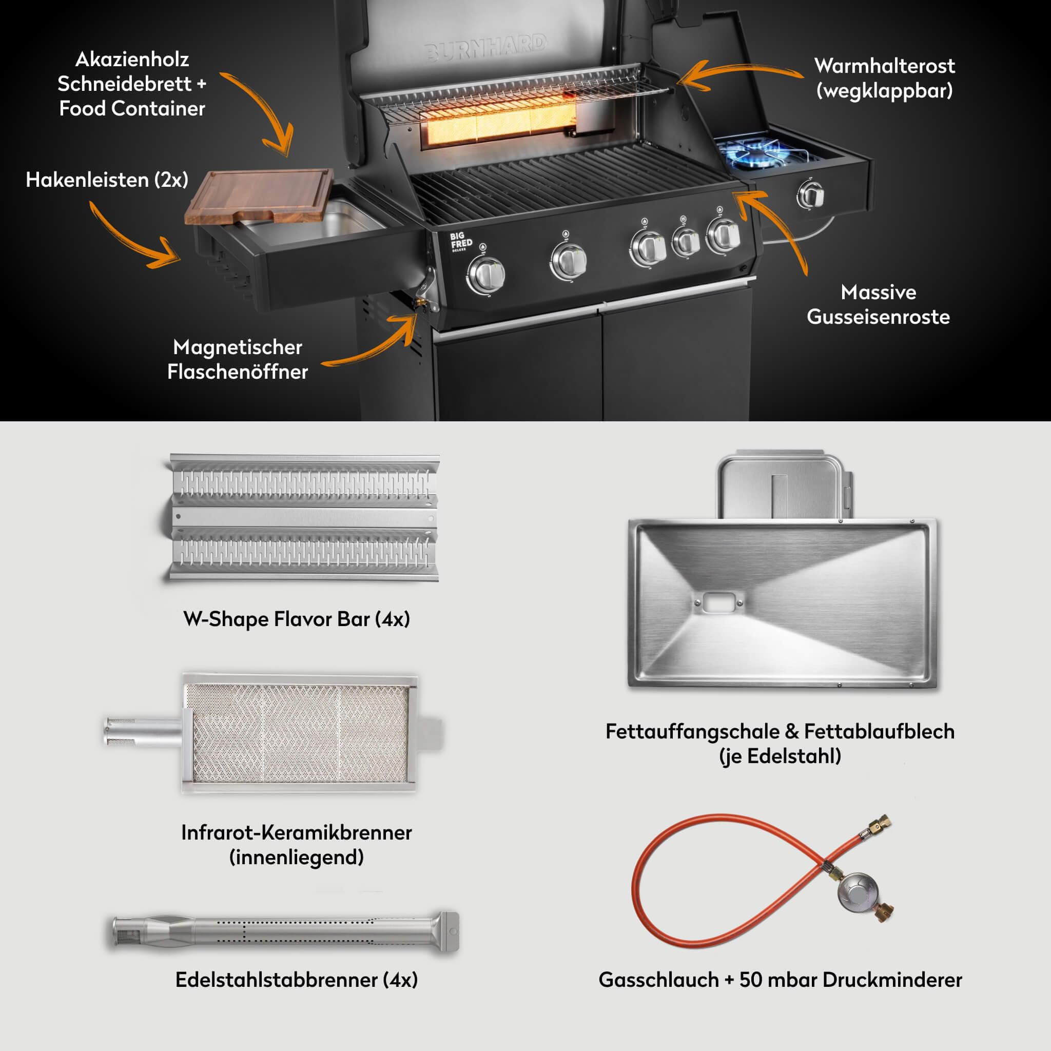 BURNHARD® Gasgrill 4-Brenner, 21,2 kW Gesamtleistung, Infrarot-Keramikbrenner, Seitenkochfeld, Edelstahl, Gussrost, große Grillfläche, Piezo-Zündung – Big FRED Deluxe