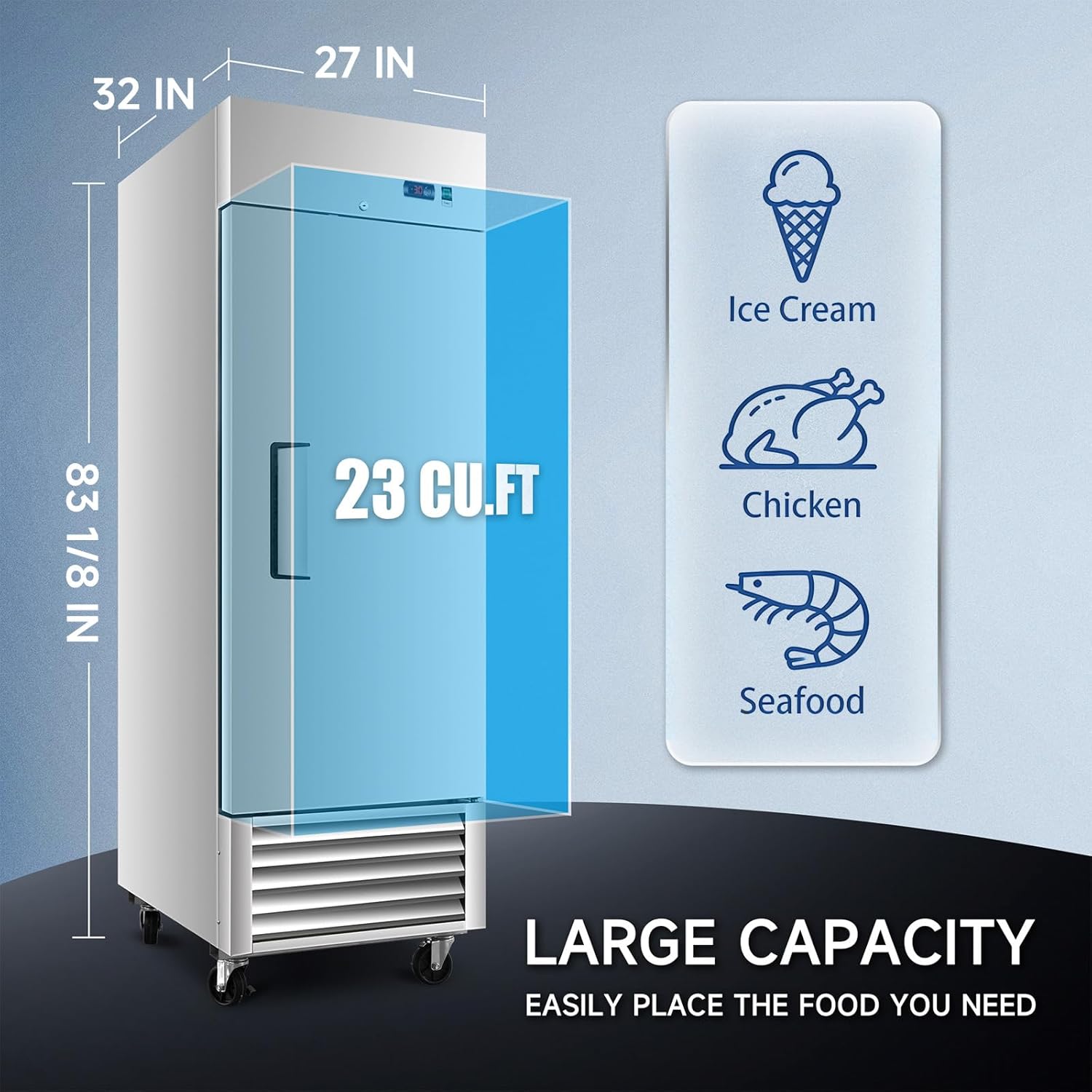 27" Commercial Freezer 23 Cu.ft with 1 Solid Door Reach-In Freezers Stainless Steel ETL Approved Upright Freeze Storage -10~10°F
