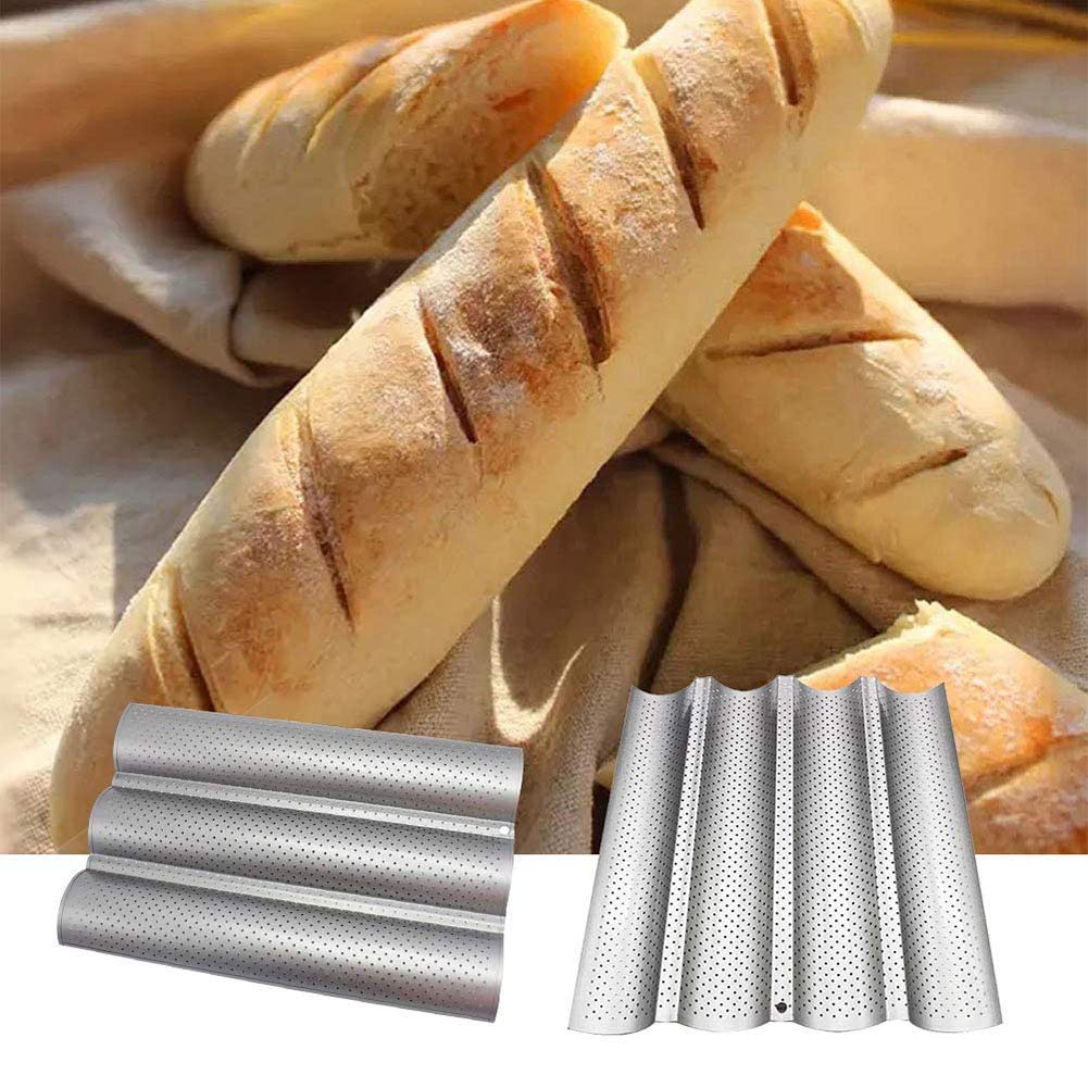 Baguette Baking Tray, Nonstick Wave Mould Fast and Evenly Heating, Perforated Baguette Kitchen Gourmet Making Pan, Baking Sheet, for French Bread, Stick Bread, Toast Maki(Silver 2 Baguettes-2Pcs)