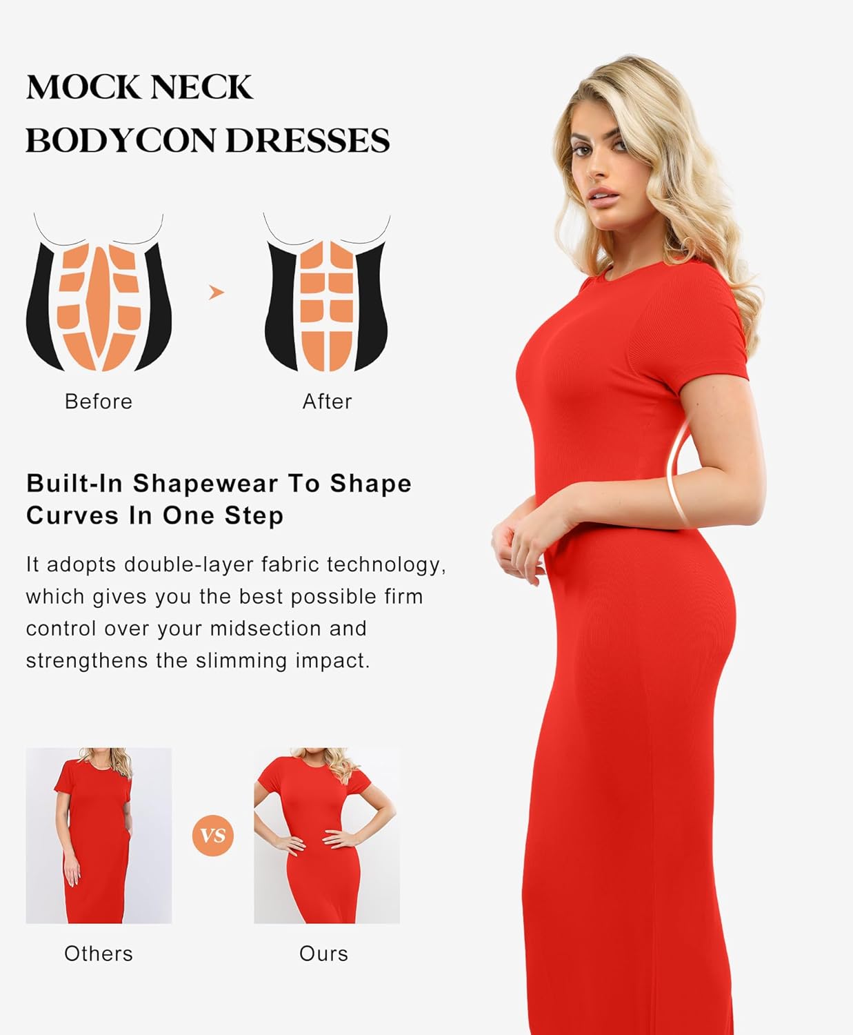 Popilush Shaperwear Dress Built-in Bra Women's Casual Lounge Dress with Zipper Short Sleeve Mock Neck Bodycon Dresses
