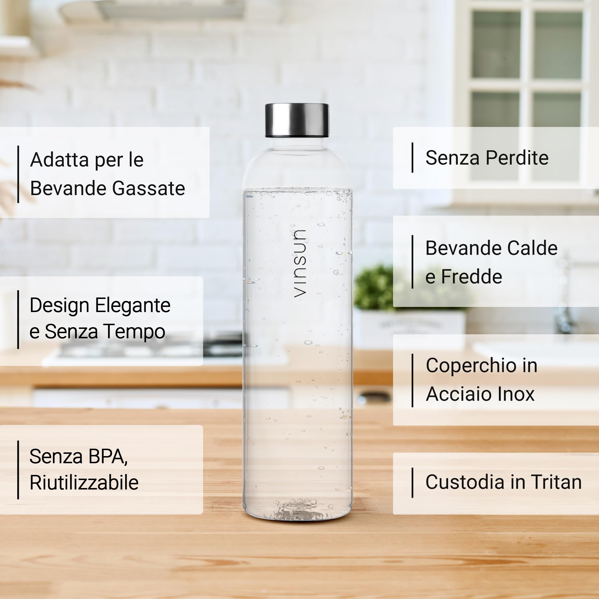 VINSUN Borraccia 1 Litro - a Prova di Perdite, Senza BPA, Tritan, Riutilizzabile - Bottiglia Acqua per Sport, Scuola, Università, Bici, Ufficio, Palestra