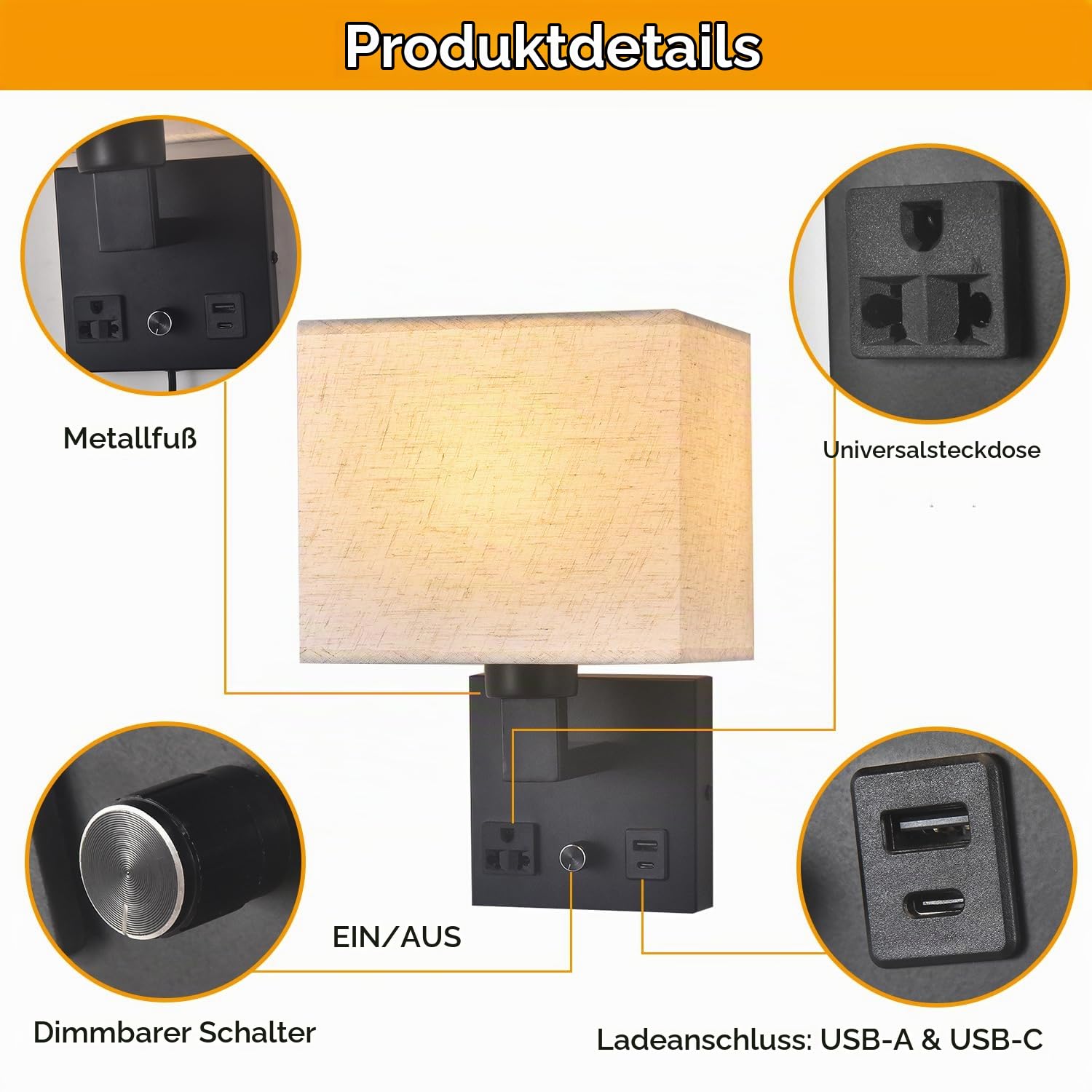 Nachttisch-Wandlampen für Schlafzimmer, steckbare Wandleuchten mit dimmbarem Schalter, AC-Steckdose & USB-Anschluss und Stoffschirm, schwarze Wandleuchten für Wohnzimmer und Hotel (Black(2 Pack))