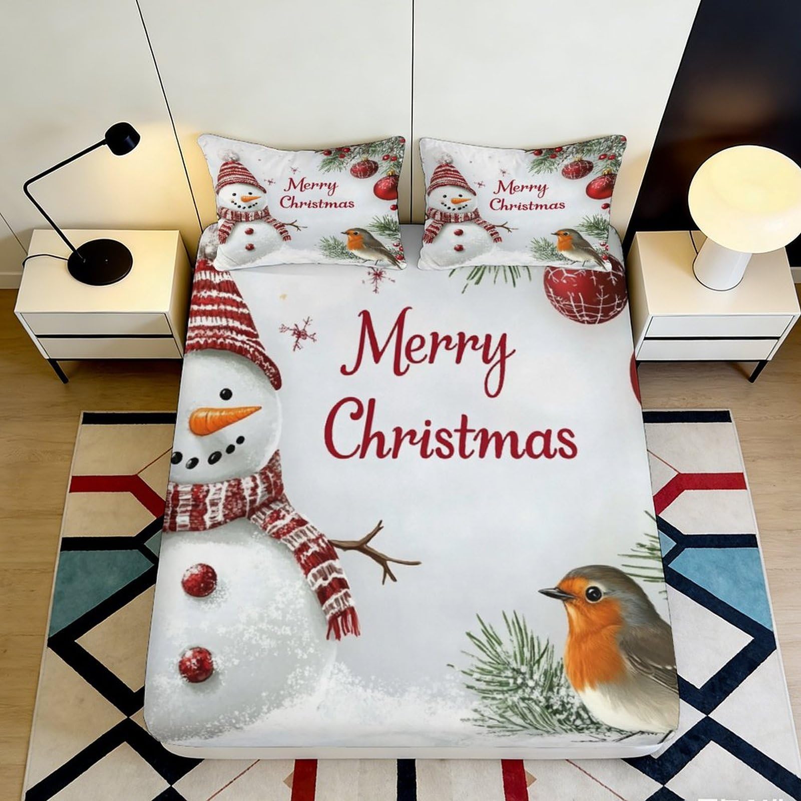 3D Printed Snowman Christmas Fitted Sheet Microfiber Soft Mattress Cover Robin Winter Decor for Bedroom Guest Room 200x200x25cm