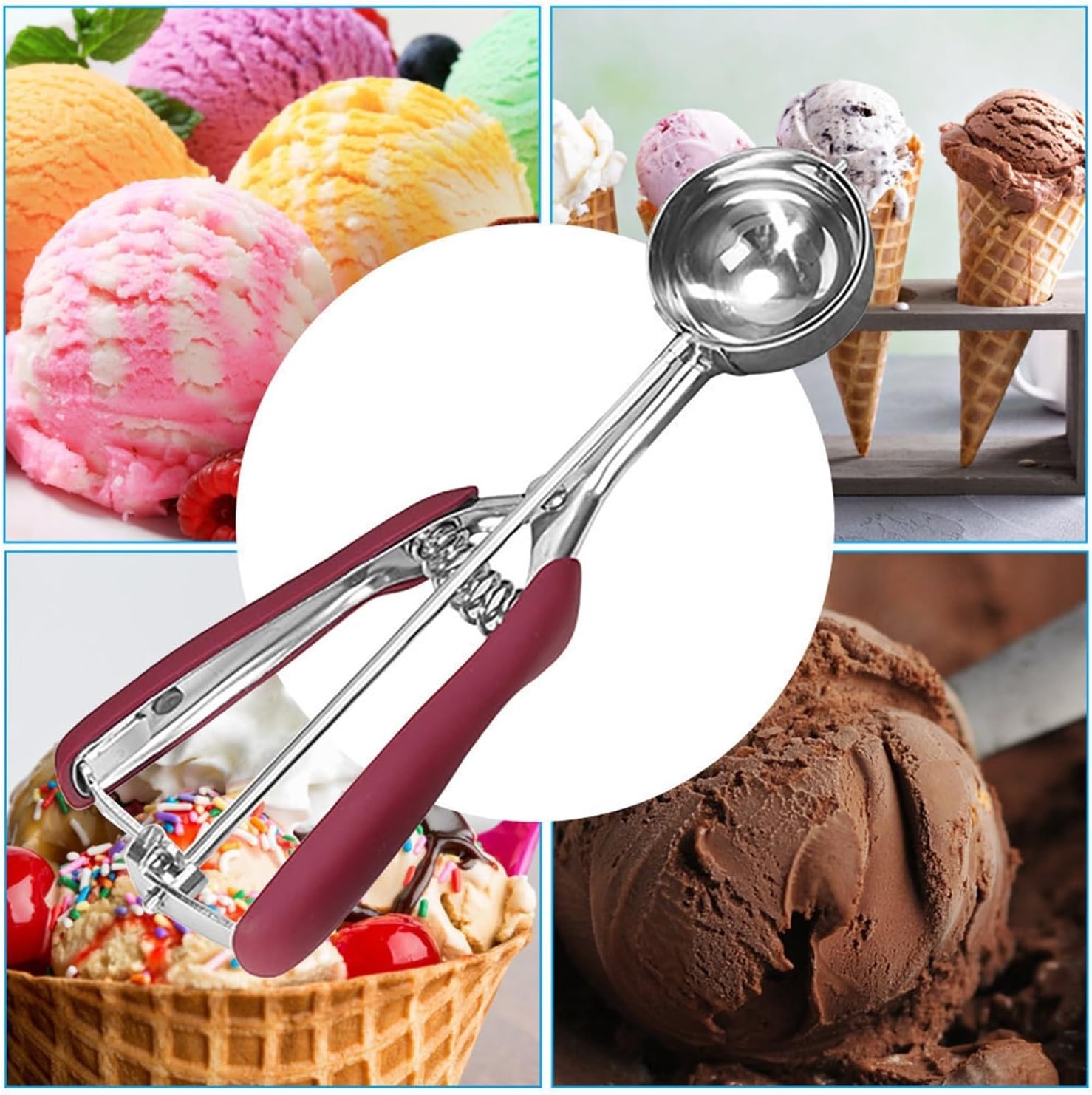 Ice Cream Scoop Stainless Steel Cookie Dough Spoon Fruit Potato Watermelon Digging Ball Spring Handle Scoop Kitchen Accessories(Wine Red 3Pcs)