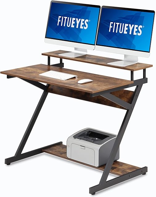 FITUEYES Computer Desk with Monitor Riser Wood Matchwood Z-Shaped Writing Table Workstation for Home Office 100x60x84cm CD310005WG