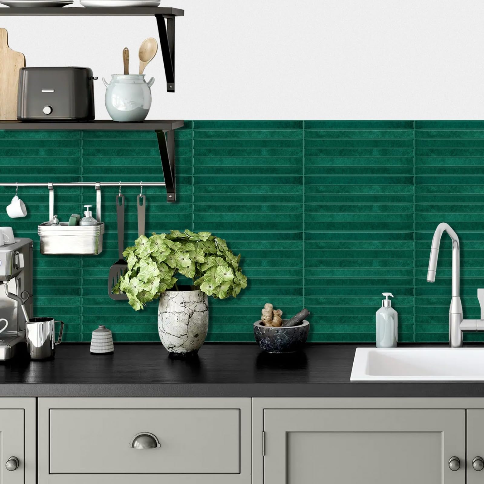 Stick on Kitchen Tiles Green Bricks Kitchen Tiles Self Adhesive Waterproof PVC Home Decor Bathroom Tile Stickers for Fireplace Surround Peel Stick Tile 15x30 cm/ 12 pcs