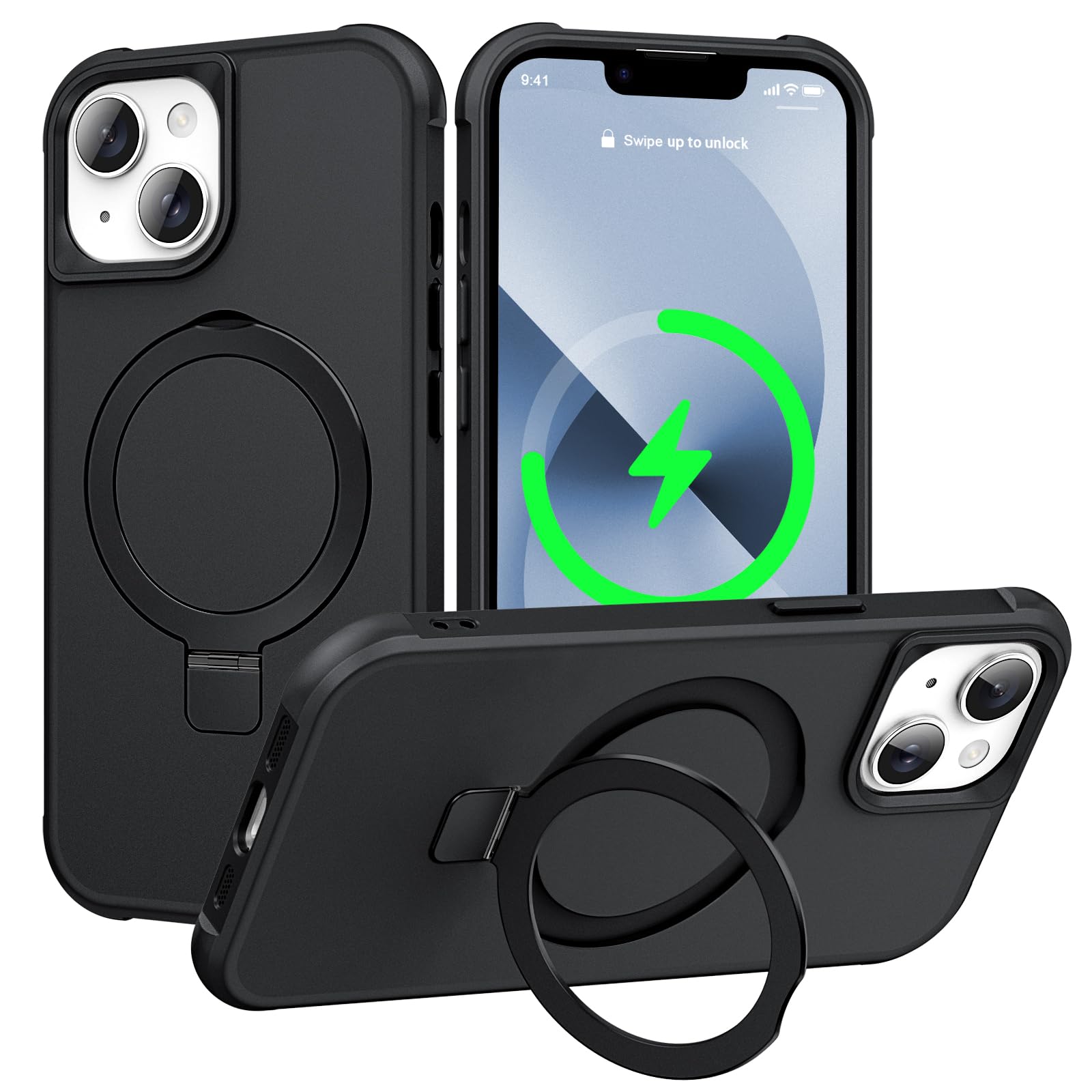 Magnetic Compatible for iPhone 13 & iPhone 14 Case with Stand [Military Grade Drop Tested][Compatible with Magnet] Ring Sleek Slim Hard Back Soft Edge, Black