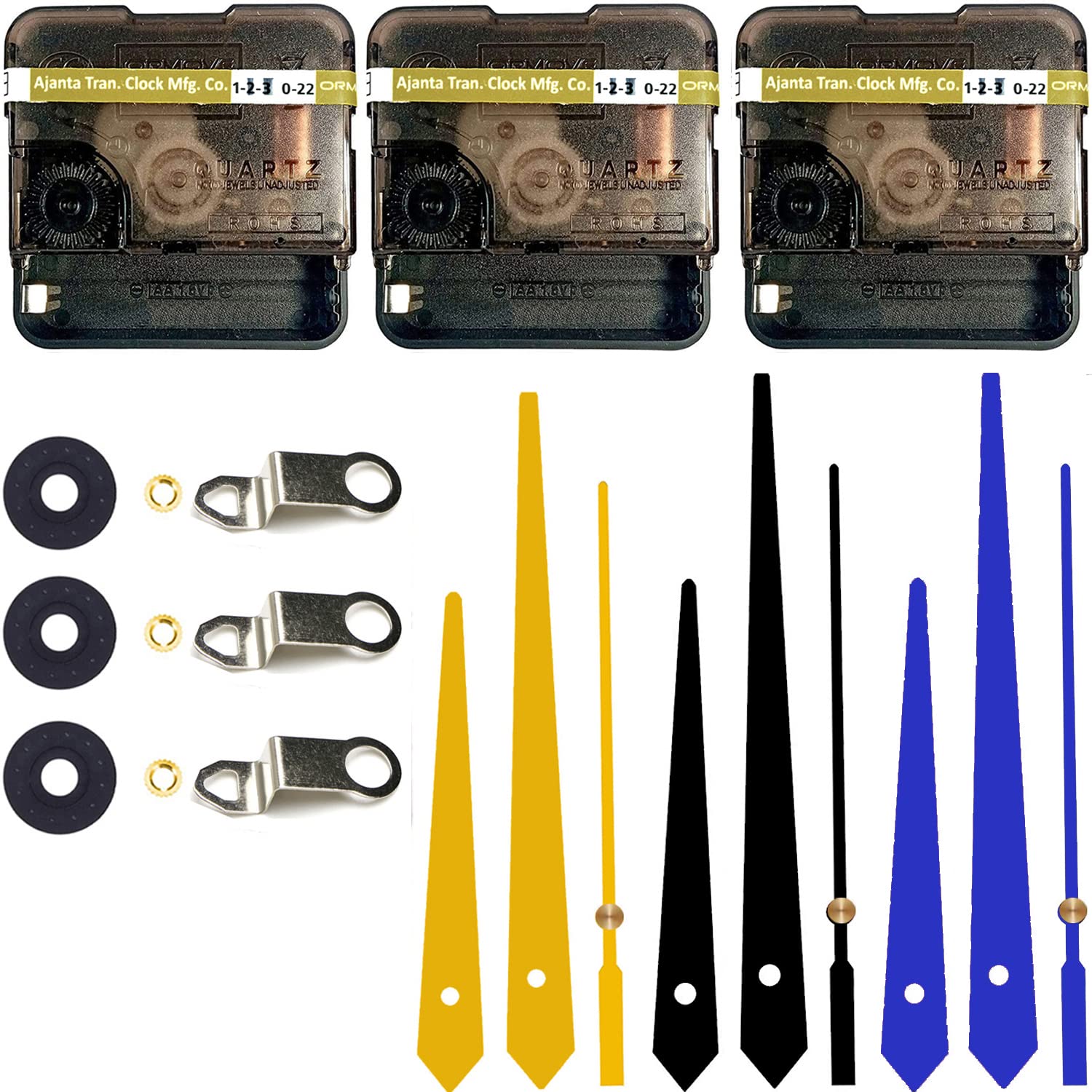 YOPY� Combo of 3 Ajanta Mfg. Battery Operated Plastic Ticking Wall Clock Movement Machine with Hands 12MM(Needles : Antique Gold,Black,Bule)