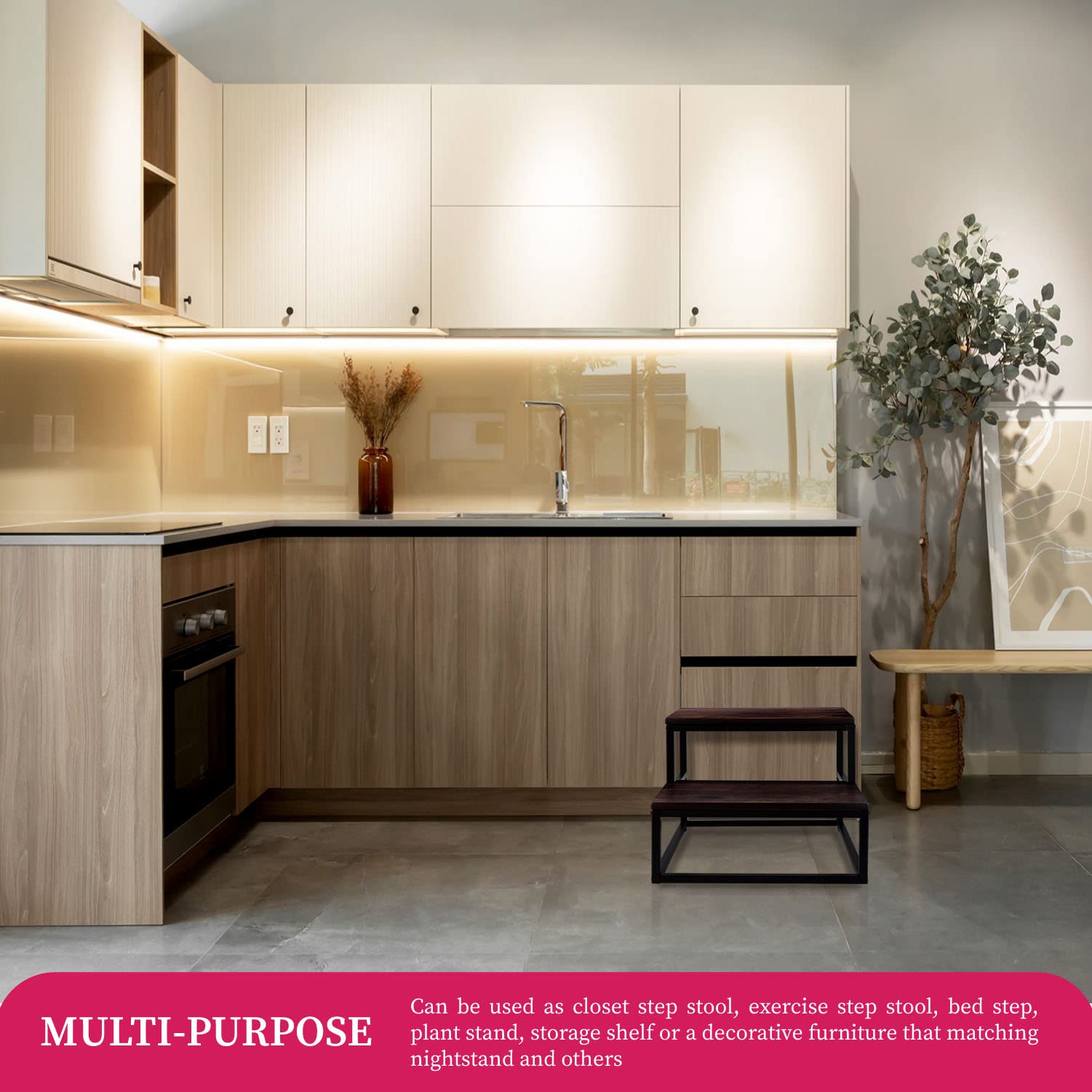 Wooden Two Step Stool - Heavy Duty 2 Step Stool - Holds up to 400Lb with  Metal Frame for Kitchen/Bathroom/Bedside Step Stool (Walnut)