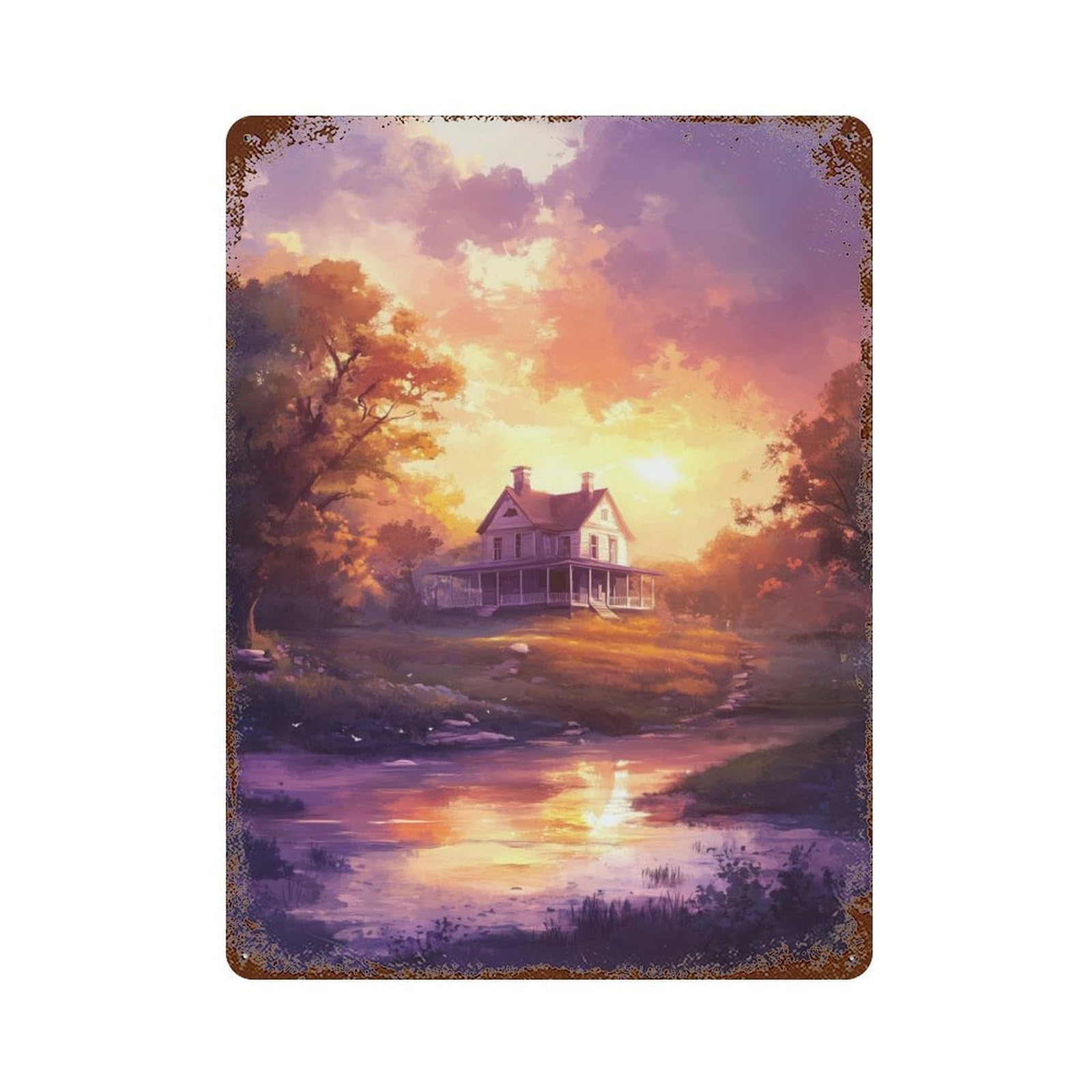 Aged Metal Wall Plaque with Sunset House by The River Design 15.7"x11.8", for Farmhouse, Kitchen And Entryway Decor, Retro Wall Decor