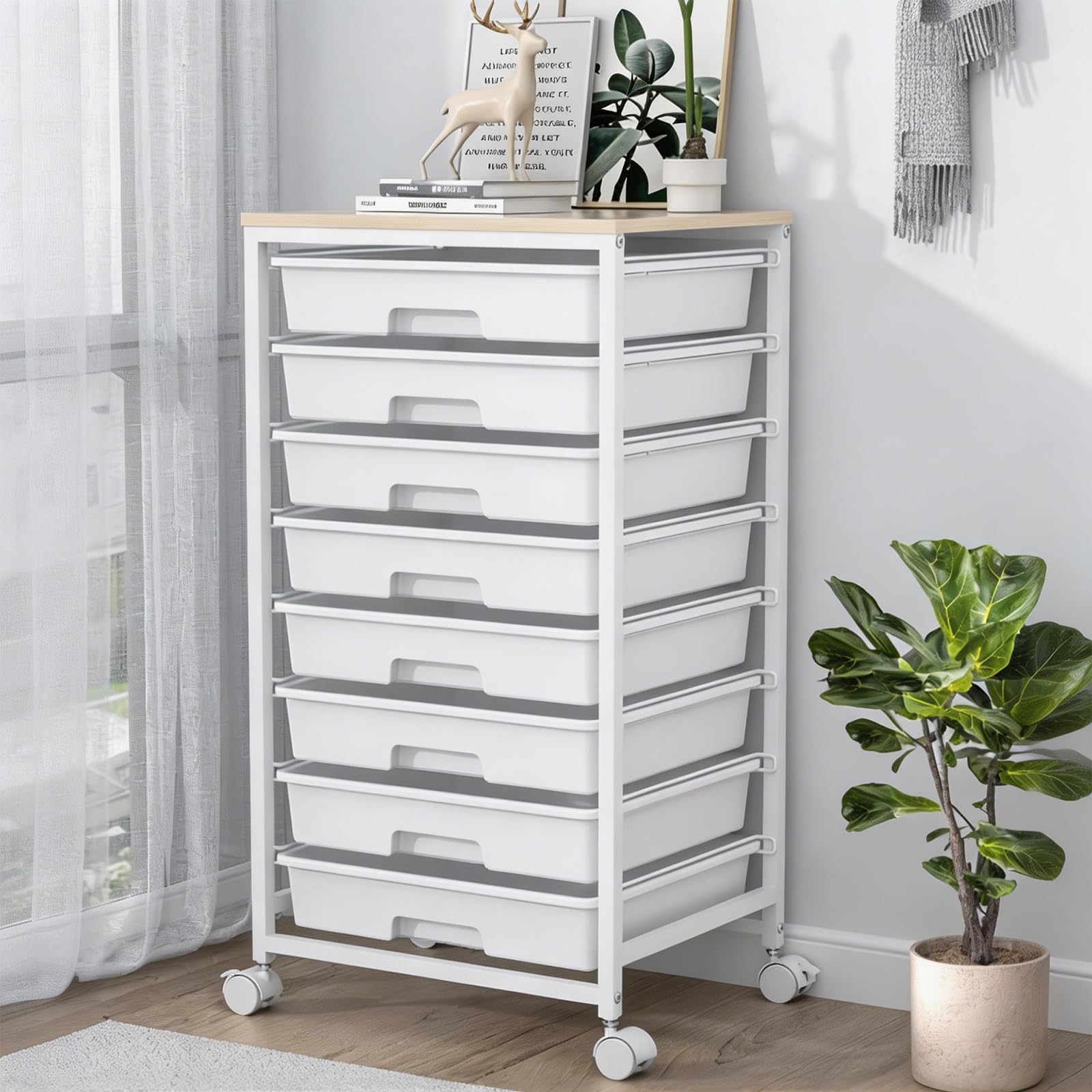 Chariot de Rangement à Roulettes avec 8 Tiroirs, Desserte à Roulettes avec Plateau en Bois, Chariot de Rangement pour Bureau, Cuisine, Salon et Chambre