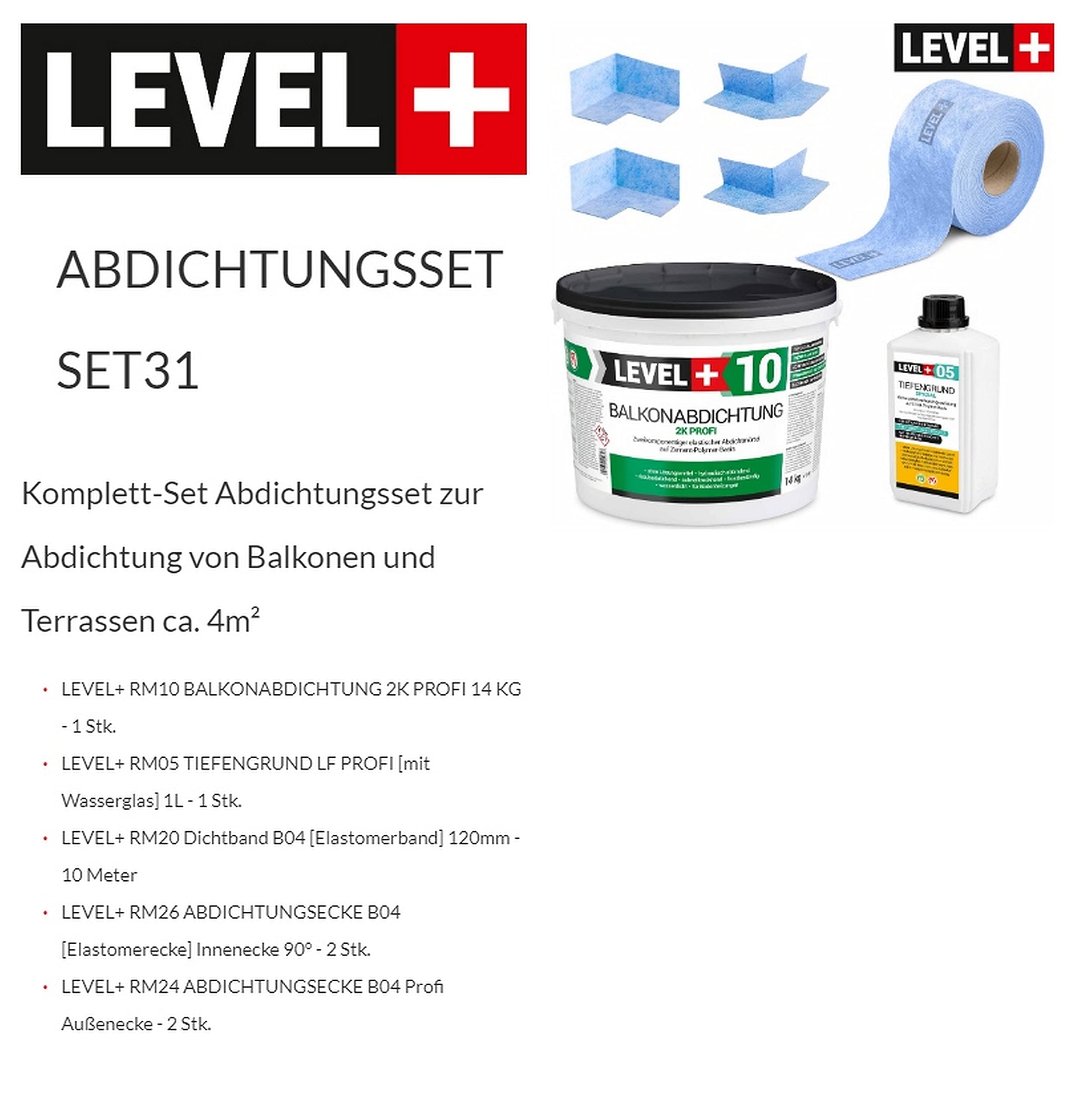 Dicht-Set 14Kg Balkonabdichtung 4m², 2 Innenecken, 2 Außenecke, 10M Dichtband, 1L Tiefengrund mit Wasserglas SET31
