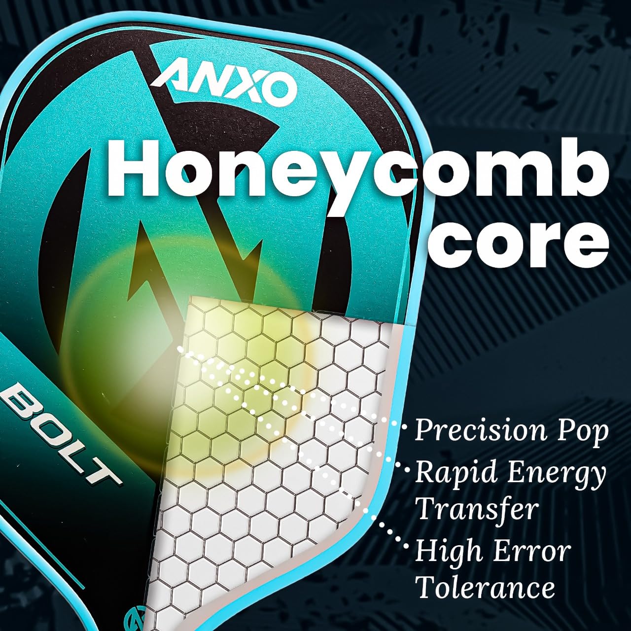 ANXO Bolt Pickleball Racket | Lightweight Glass Fiber Surface | Cold Pressed PP Honeycomb Core | UV Logo | 225g ±5g | Enhanced Power, Speed & Control 4