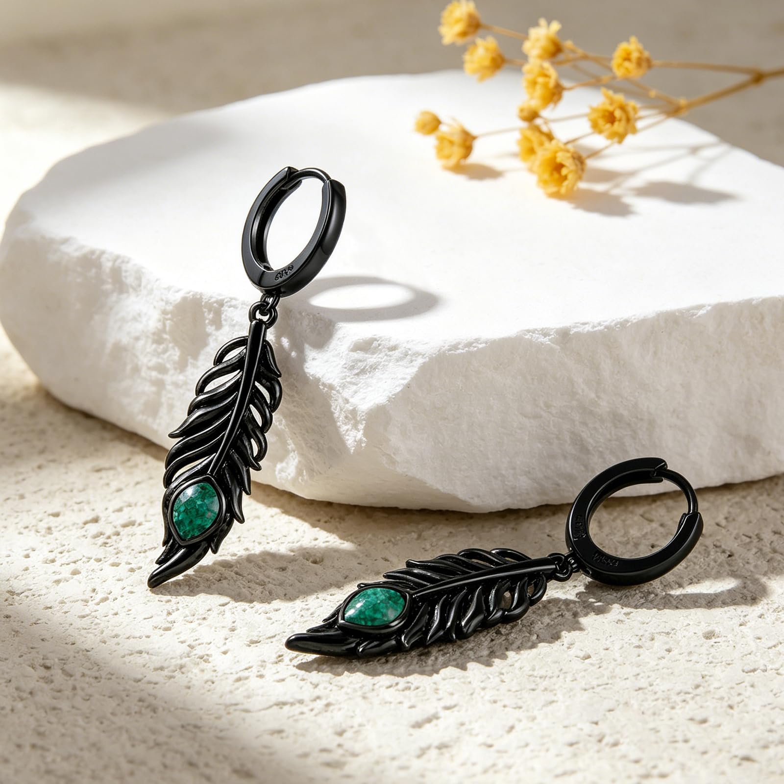 REDSUN Orecchini a cerchio in argento Sterling S925 con piuma nera con malachite, orecchini pendenti in stile bohémien, per uomo e donna
