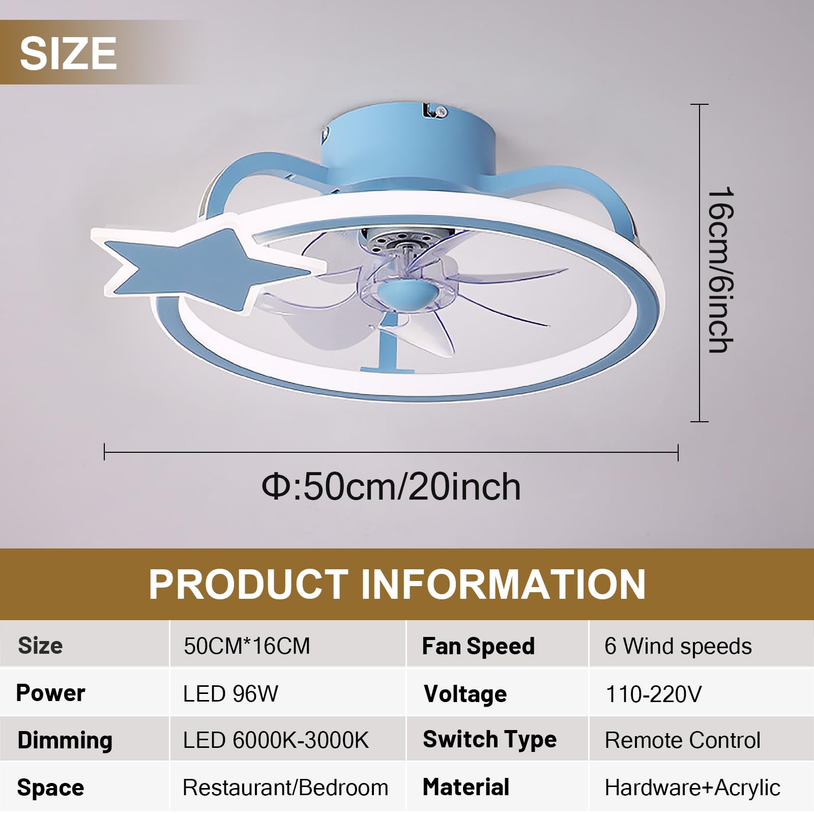 Ventilador De Techo niño Con Luz Y Mando Moderno Silencioso Lampara Ventilador Techo LED Regulable Verano Invierno Función 6 Velocidades Reversible Lámpara De Ventilador Para Dormitorio,Azul