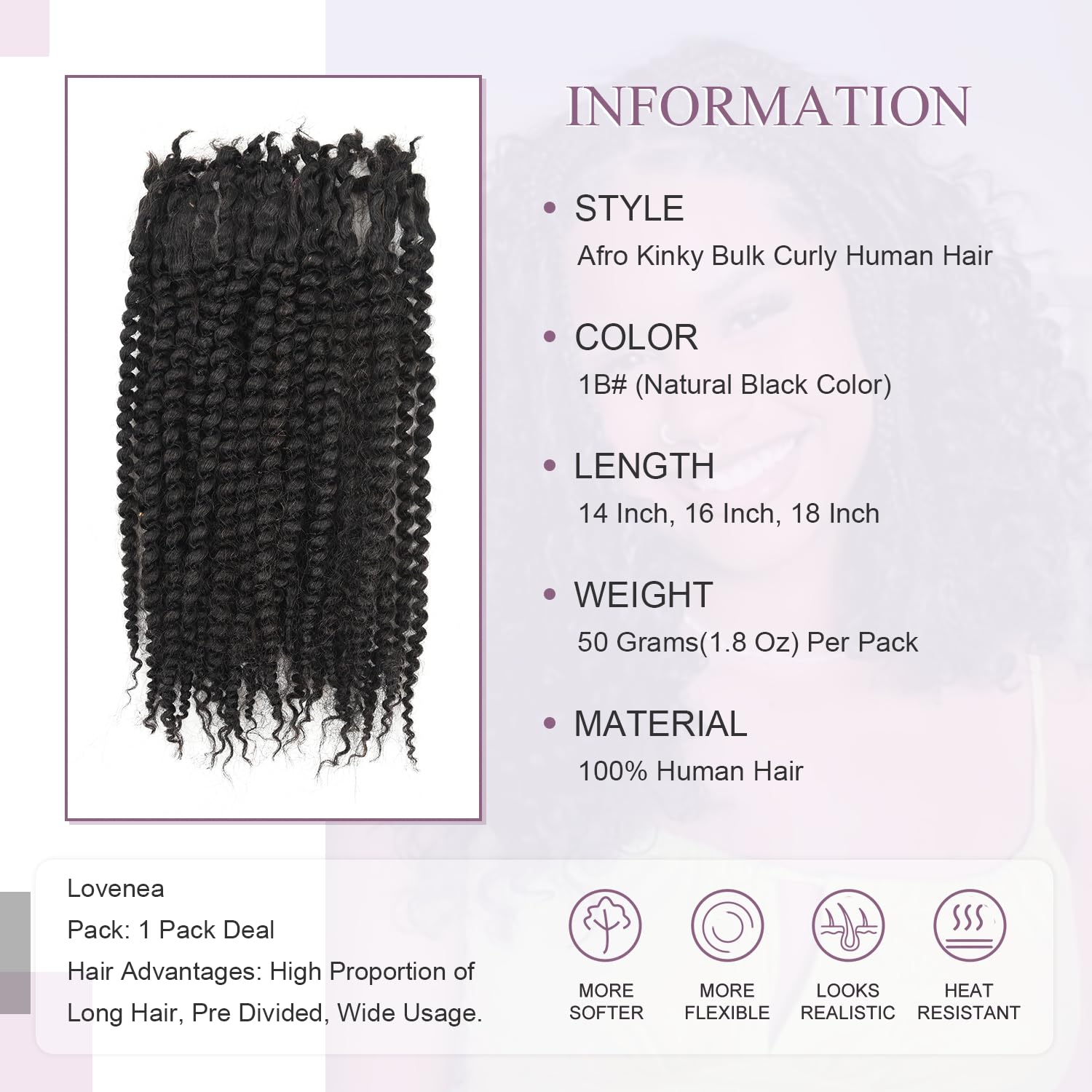 Afro Kinky Curly Bulk Human Hair 50g/pack 100% Real Human Hair for Mini Twist/Braiding/Loc Extensions Curly Hair Natural Afro Bulk for Dreadlocks (1B#, 18 Inch-50g)