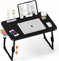 Height Adjustable Laptop Bed Desk with USB, Storage Drawer, Cup Holder, Tablet Stand - Foldable Lap Tray for Bed, Sofa, Reading, Black