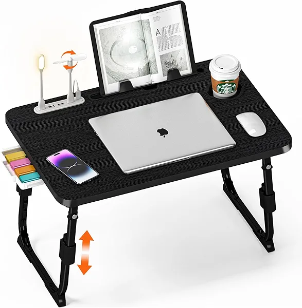 DECOSIS Laptop Desk for Bed Height Adjustable, Lap Bed Table with USB/Storage Drawer/Cup Holder/Tablet Stand/Book Shelf, Foldable Breakfast Tray Portable for Reading Writing, Sofa & Floor, Black