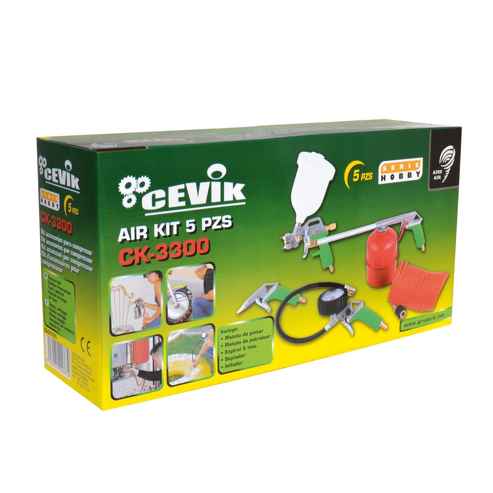 Cevik CA-​CK3300 - Kit aerográfico para compresor. 5 piezas: pistola de pintar, de petrolear, soplador, inflador y espiral 5 mt.
