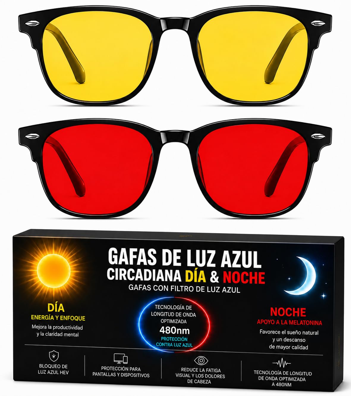 Solmoon Gafas Luz Azul Día y Noche – Set 2 Gafas Focus Amarilla + Sleep Roja | Sistema Circadiano 24H de Optimización Lumínica | Lentes Tritan™ BPA Free | Circalens™