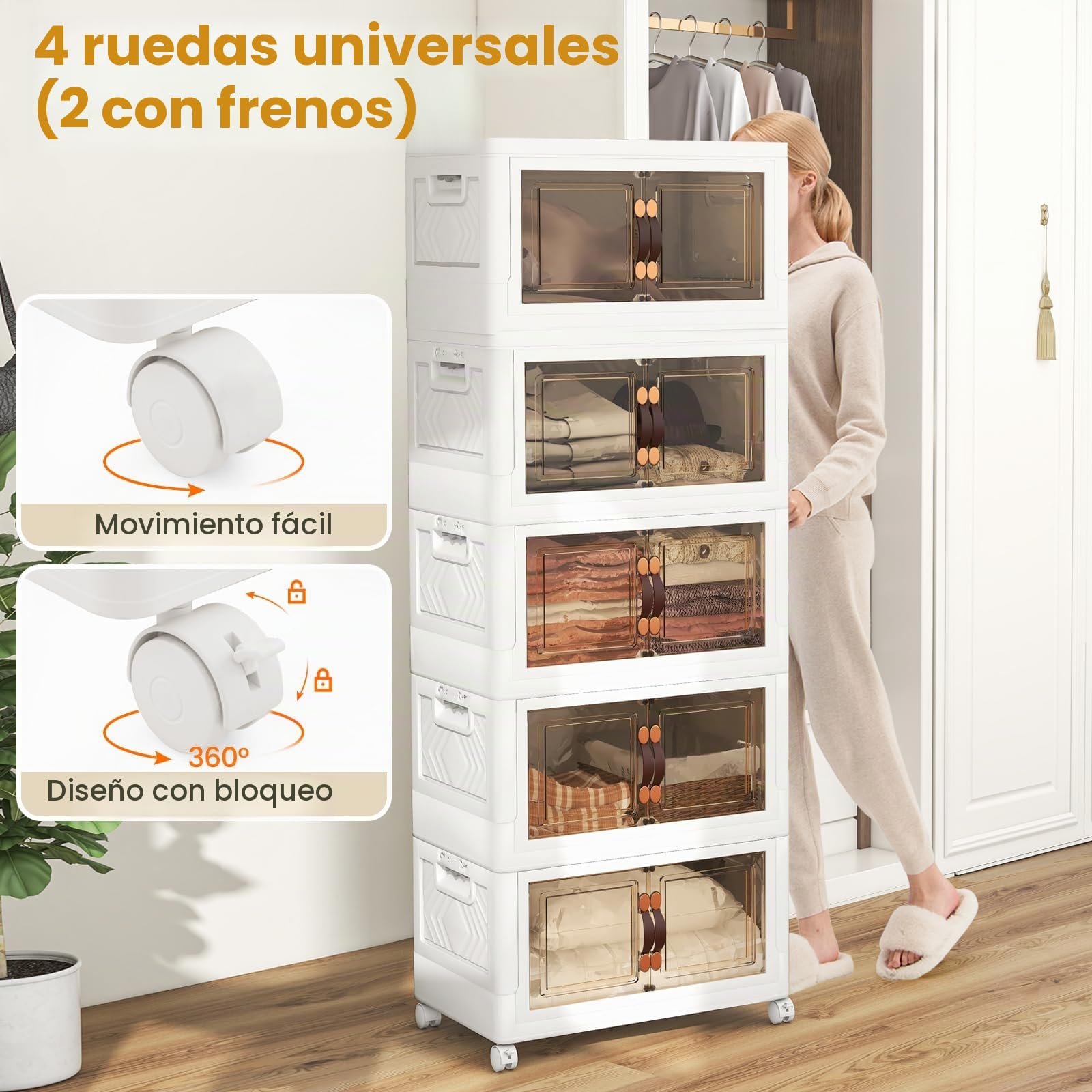 KOMFOTTEU Cajas de Almacenamiento Plegables, Contenedor de Plástico con Tapas y 4 Ruedas, Cajas Organizadores Apilables para Dormitorio, Sala de Estar, Soporte hasta 5 kg (XL, 5 Niveles)