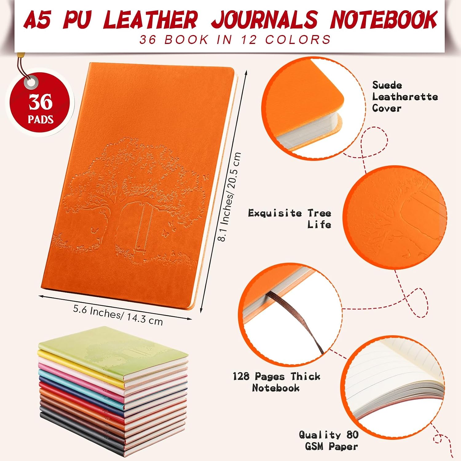 TaoBary 36 Pcs A5 PU Leather Journals Bulk Colorful Tree Journal Notebook Soft Leather Cover Lined Ruled Writing Notebook for Administrative Professionals Nurse Teacher Volunteer (Bright Colors)