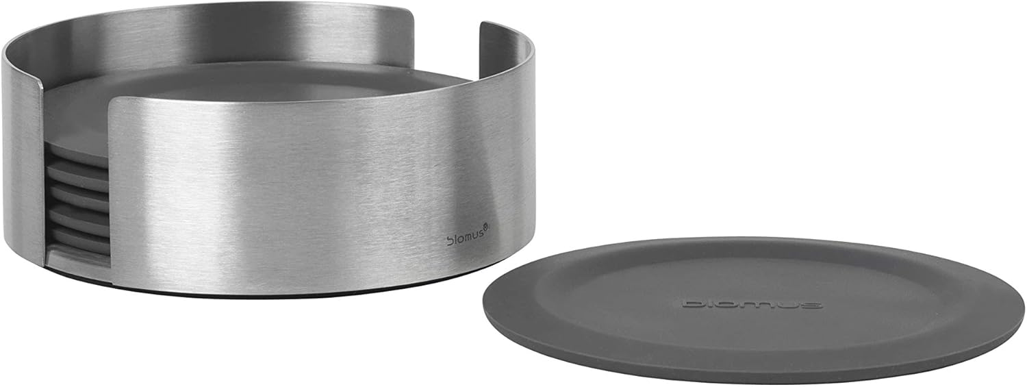 blomus 6 Piece Coaster Set with Stainless Steel Holder - Magnet (Charcoal) Coasters