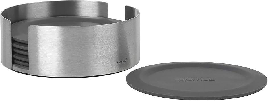 blomus 6 Piece Coaster Set with Stainless Steel Holder - Magnet Charcoal Coasters