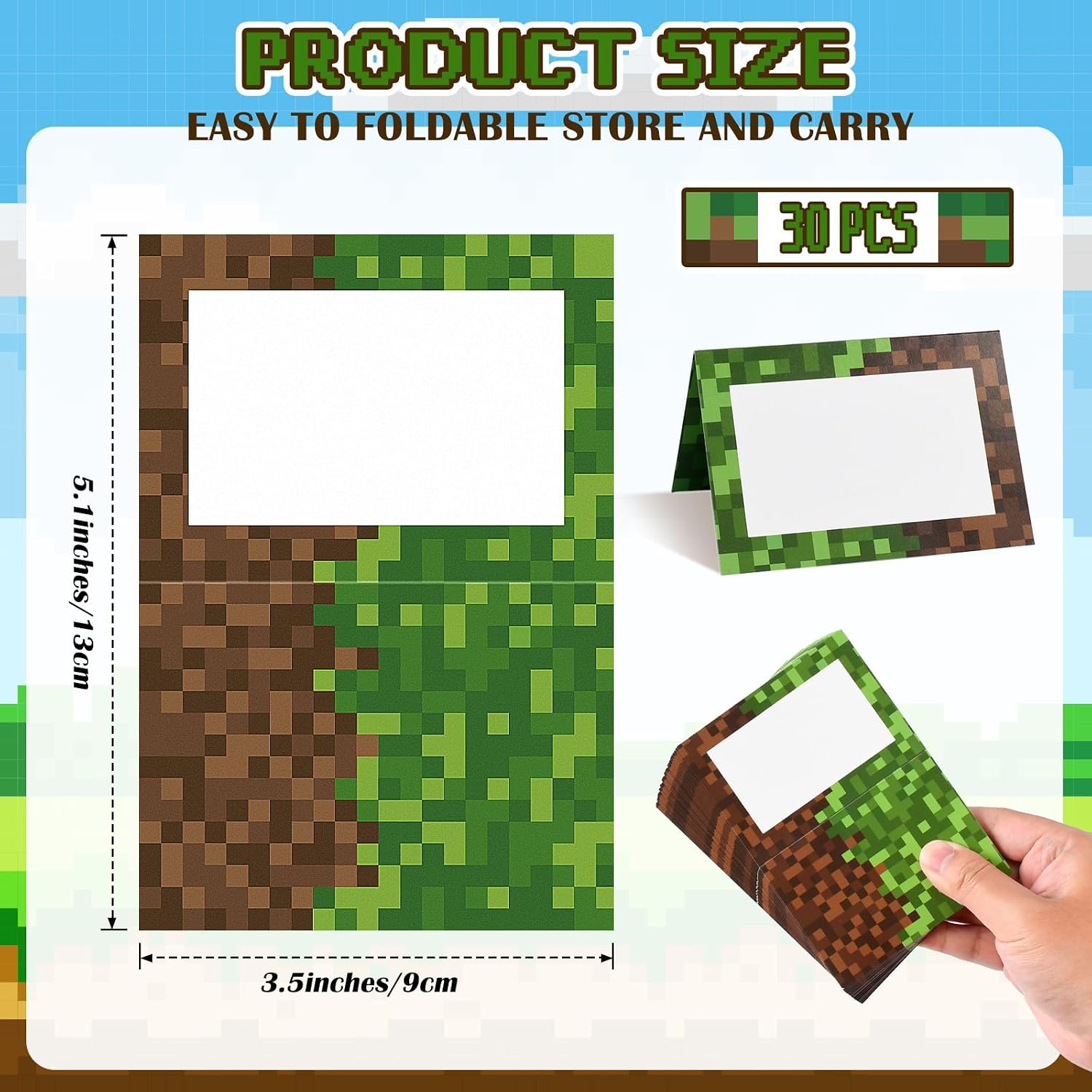 30 Pcs Pixel Themed Place Cards for Table Setting, Foldable Food Cards