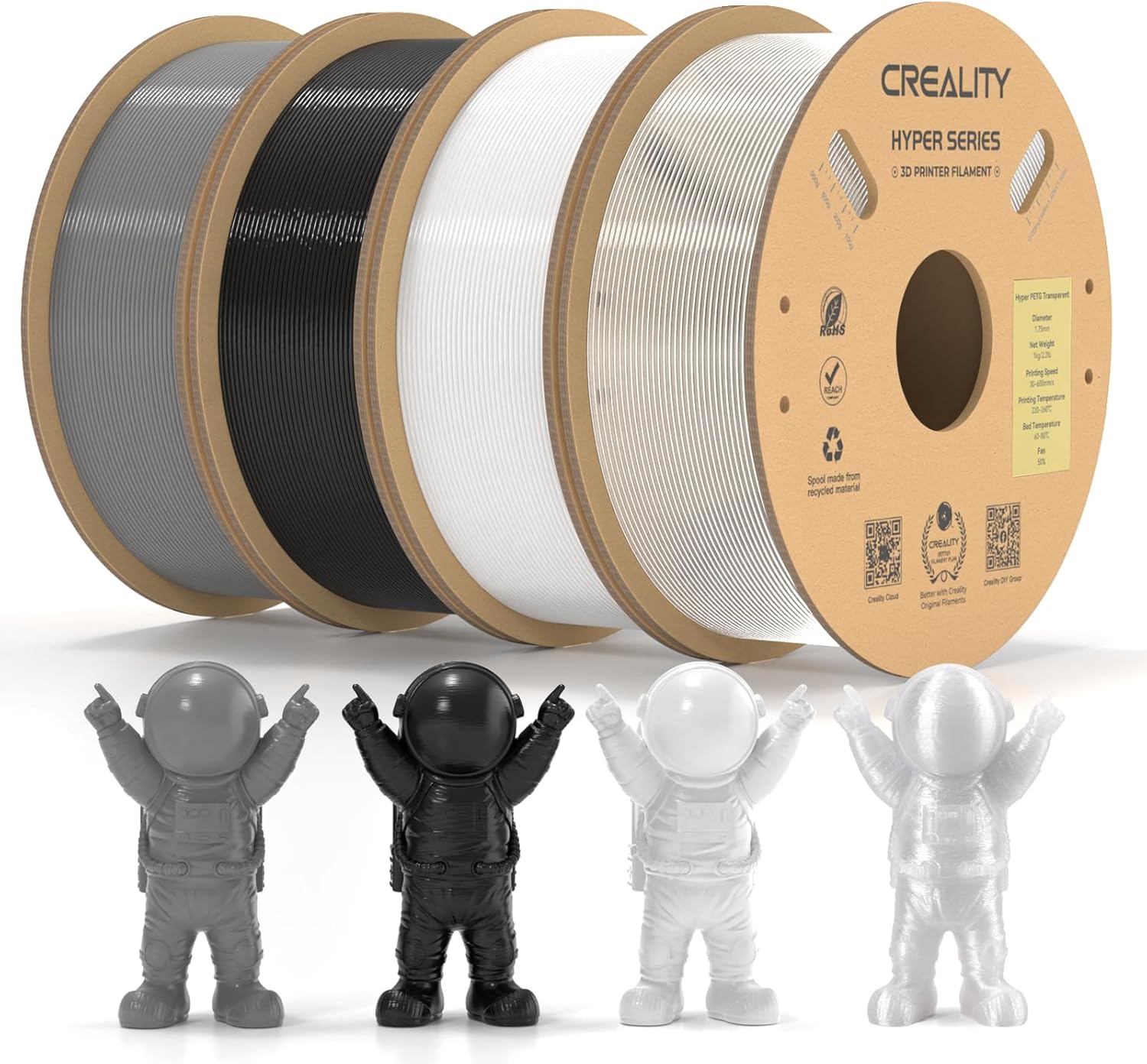 4 Pack Official Creality Upgraded Hyper PETG Filament 1.75mm for K1 Max/K1/K1C, Yellow 3D Printer Filament PETG Designed for High Speed 30-600mm/s, 1kg(2.2lbs)/Spool, Fit Various 3D Printers